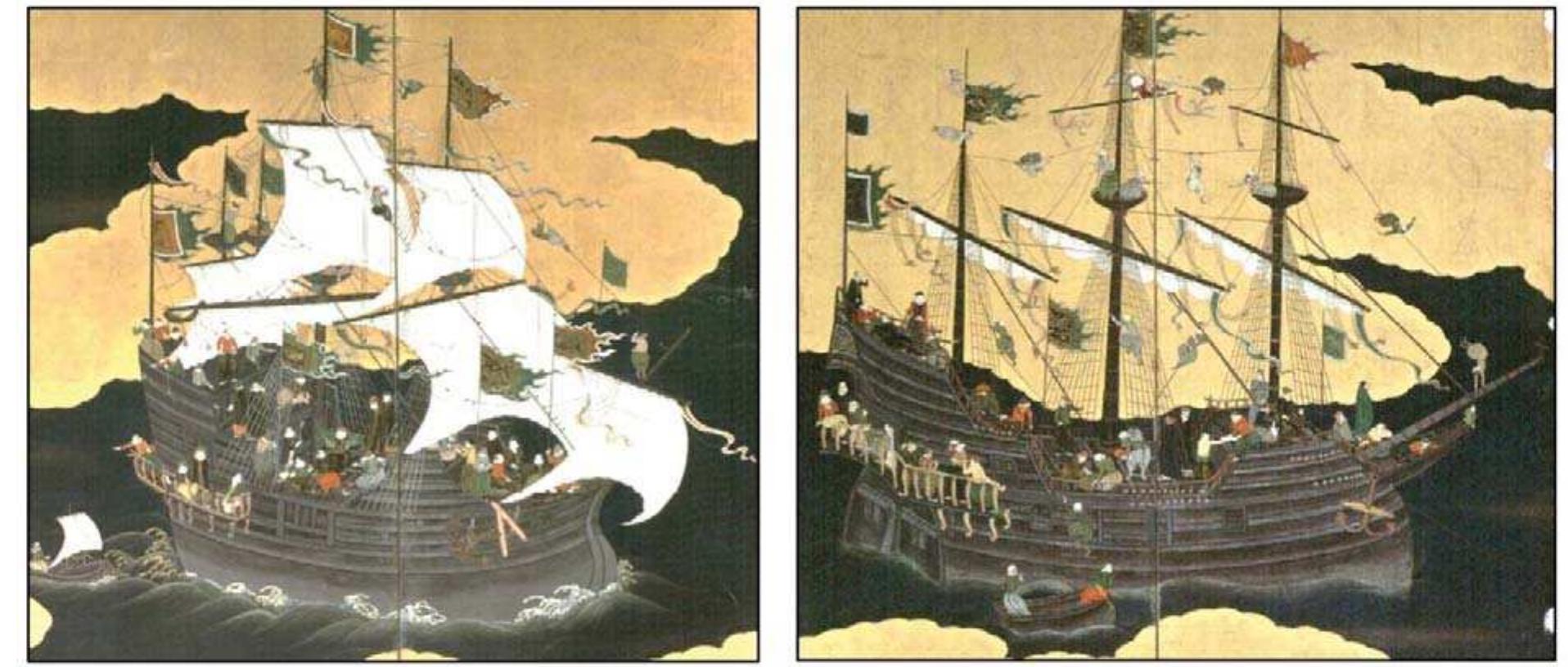 Fig. 2 NambanShips on Namban Screen (Version aof Kobe City Museum, Naizen Version [Late 16th - Early 17th century] by Kano Naizen). (M. Sakamoto)  When analyzed in this light, most images of ships on the screens seem to be copies of previous images, often from other screens. The author made a catalog of all 73 ship images known, and classified them according to their quality and date of production. Fifteen groups or families were identified, seemingly 15 strings of copies of 15 original images. Once it was completed, this catalog allowed the author to make a surprising statement: none of these 15 ship types seems to have been painted directly from  observation of actual European vessels in Japanese ports. 