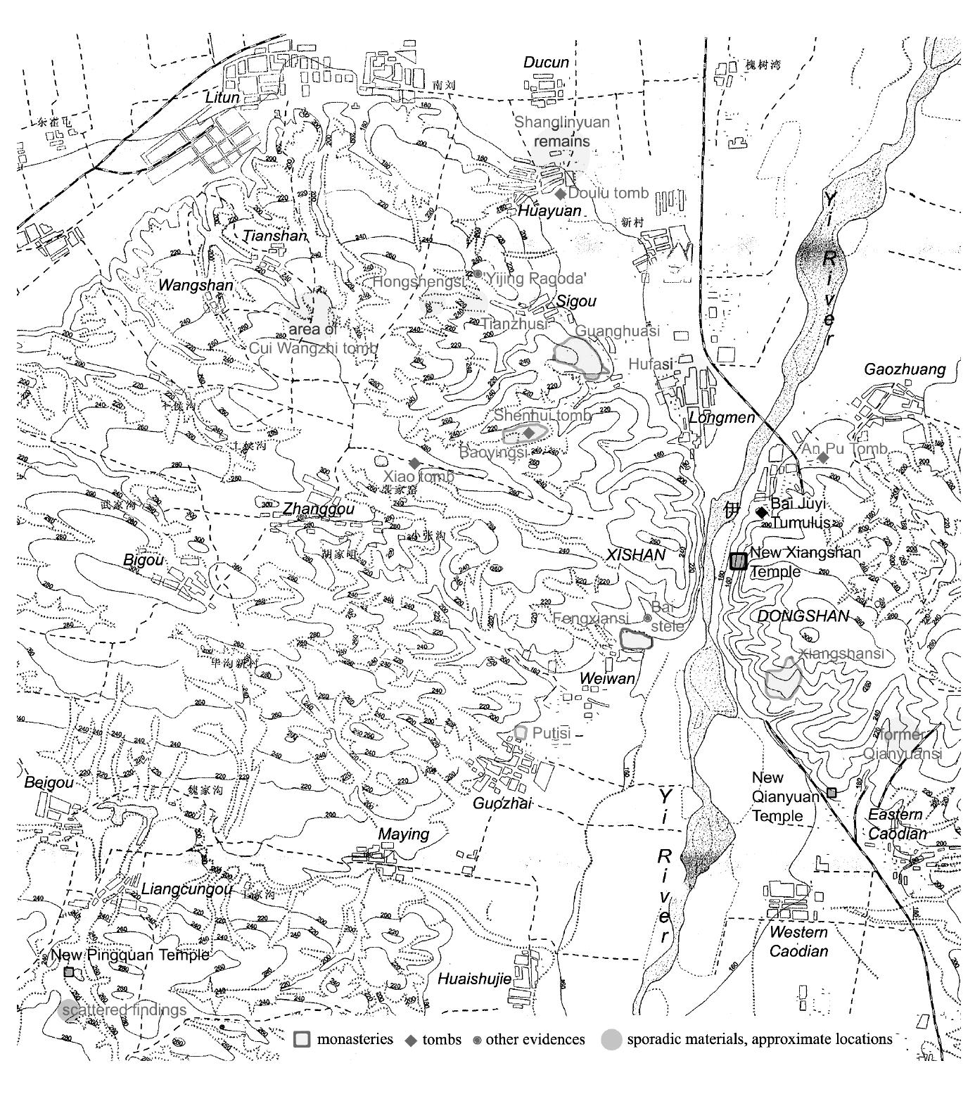 Fig. 1 - Archaeological map of the Longmen area. (Drawing by the author on a topographic map 1:20000).  Archaeological Evidence from the ‘Buddhist Period’ inthe Longmen 141 