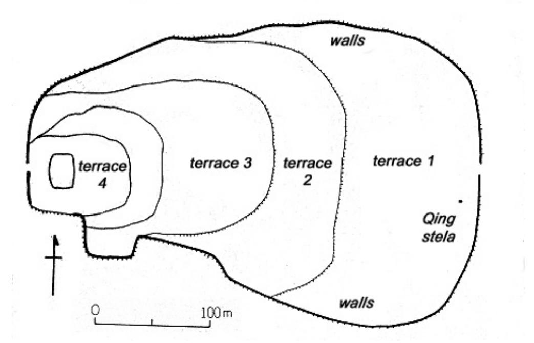 Wen Y ucheng describes as «Tang and Song tiles». He took note of the size of some narrow tiles (15 cm wide, 2.5 cm thick, the joint 4 cm long), tile-ends stamped with animal masks (diameter 13 cm, the edge 1.3 cm thick and 2 cm wide), and brick fragments (4.5 cm thick). Besides these, there were lotus- stamped tile-ends™ and triangular ones, ceramic shards of crimson colour and celadon. Finally, Wen Y ucheng reports about six stelae, with dates comprised between the 11th and the beginning of the 18th century. The last one - dated 1705 - had been erected in commemoration of repair work carried on at the monastery at that time.  Fig. 7 - Plan of the Guanghuasi site at Longmen. (From Wen Y ucheng 1992: 229, fig. 13). 