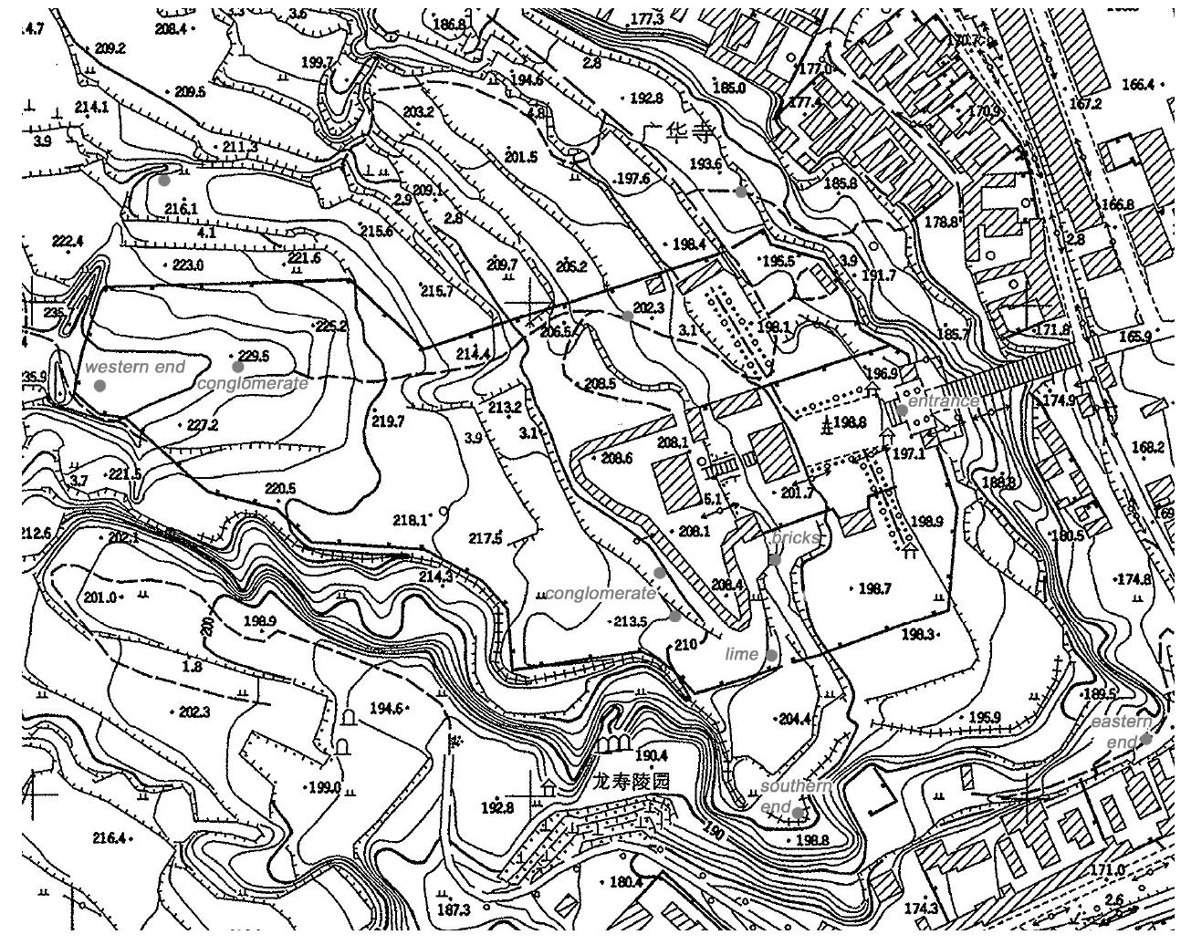 Fig. 8 - Map of the Guanghuasi site, Longmen. (Original map scale 1:2000, year 2002).  inside the earthen perimeter, and occupies approximately one half of the for- mer area. From the eastern entrance to the western summit of the hill, the alti- tude rises from about 190 to 230 m, but the four original terraces are not clearly visible anymore. The cement-like conglomerate on the NW limit, al- ready noticed by Wen, has been preserved - simply because it is situated in an unbuilt area. A bout 200 m SE of it, a similar layer about 0.35 m high, charac- terized by a strong presence of pebbles (pl. X Ia), extends for a visible length of 15 m (202-206 m asl). I agree with Gong Dazhong (ibidem) in considering these large layers as the former foundations of high buildings or pagodas, but we have no clue about their dating. In some exposed earth sections around the new temple, horizontal layers of lime, alignments of bricks (pl. XIb) and ac- cumulated brick-and-tiles are clearly visible. The form of the bricks seems to vary, but the average thickness is about 6 cm. Even if we lack the proof fora Tang dating of the flooring, all this evidence, together with a fair amount of very thick and dark tiles and the variety of ceramic shards scattered in the out- lying areas of the temple, closely reflect the situation we found on the Fengxiansi site before excavation. 