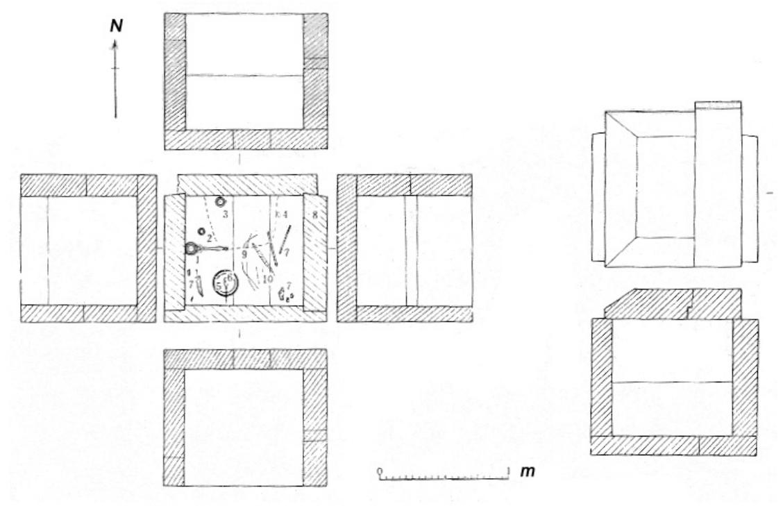 first erected. Inside the chamber, a limited but refined burial set was discov- ered: a pagoda-shaped container in gilded bronze and silver, a long-handled incense-burner in gilded bronze, a bronze kundika bottle, three patra bowls in lacquered earthenware, a small silver box, etc. (Luoyangshi 1992: figs. 4-6; pl. 7; Puyd 1998: 65, 82-83; Van Alphen 2001: 148-51; fig. 10). The epitaph, en- graved on the inner face of one of the slabs of the chamber, is entitled: «In- troduction to the inscription of the funerary pagoda built on the slopes of the Dragon’s Hill at the Baoyingsi #% = in Longmen, dedicated to the late Bha- danta, Seventh Patriarch and State Master of the Heze Monastery yuy#esf in the Eastern Capital under the Great Tang».°® The stone was a reused one: for. merly engraved, then polished and re-engraved with the actual text.”  Fig. 9 - Drawing of the stone burial chamber of Master Shenhui (765 A.D.). Baoyingsi excavation site. (From Luoyangshi 1992: 65, fig. 2). 