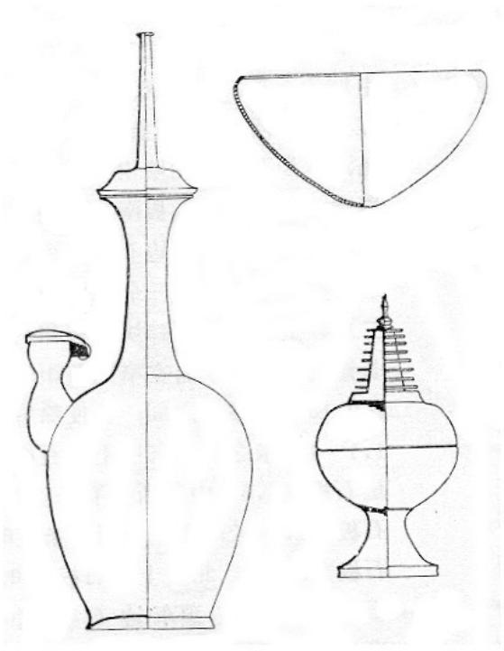 Fig. 10 - Drawing of bronze kundika bottle, lacquered patra bowl and silvered bronze container. (From Luoyangshi 1992: 65, fig. 4). 