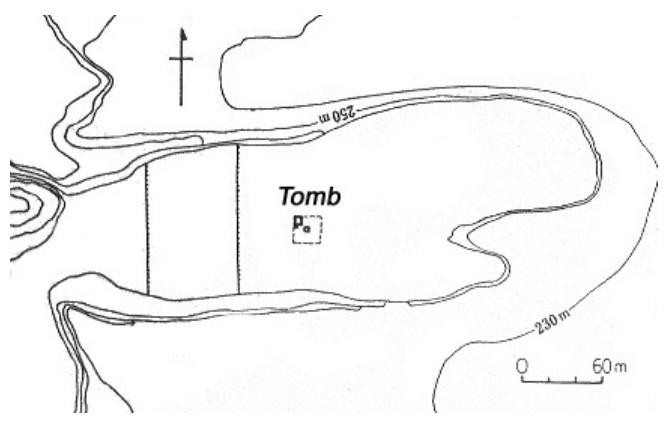 Fig. 11 - Plan of the Baoyingsi site on the Xishan. (From Wen Y ucheng 1992: 226, fig. 10).  Today, no trace of the Baoyingsi is visible on the surface: partly because of the construction of the Granary, and partly because the rest of the ridge has become part of a new thermal centre with a hotel and a restaurant. On the place where the Shenhui pagoda once stood, there now unfolds a tennis field. From E to W, as far as it can be followed before the Granary’s off-limits zone, the former site of the monastery has an altitude comprised between 210 to 250 m asl (GPS data). 