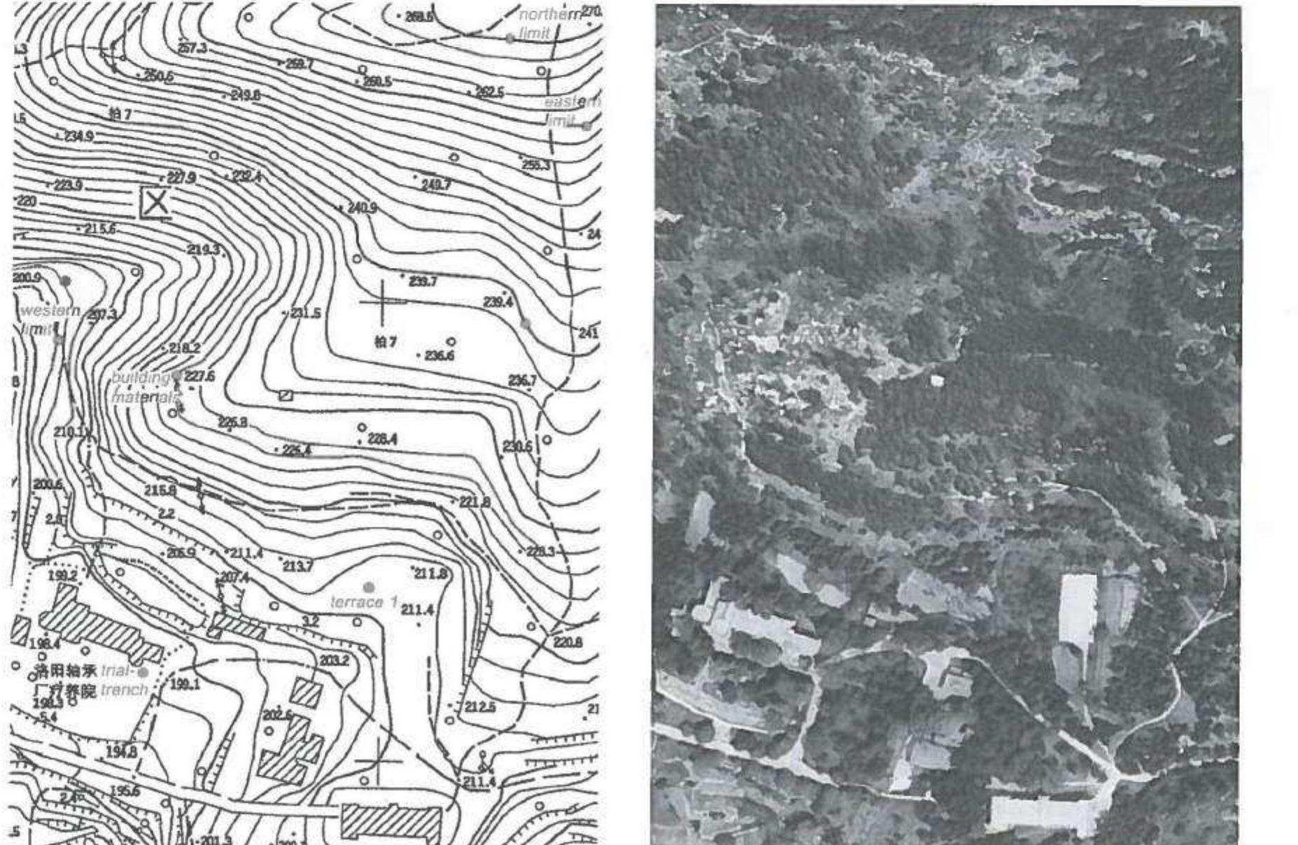 Map and aerial view of the Xiangshansi site, Longmen (Original map and aerial view: scale 1:2000, year 2002). 