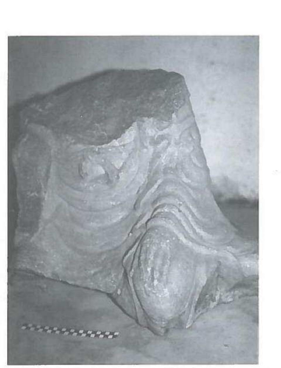 b) Fragment of a Buddhist statue, possibly 7th-8th century A.D. Huangjue Temple. (Photo by the author). 