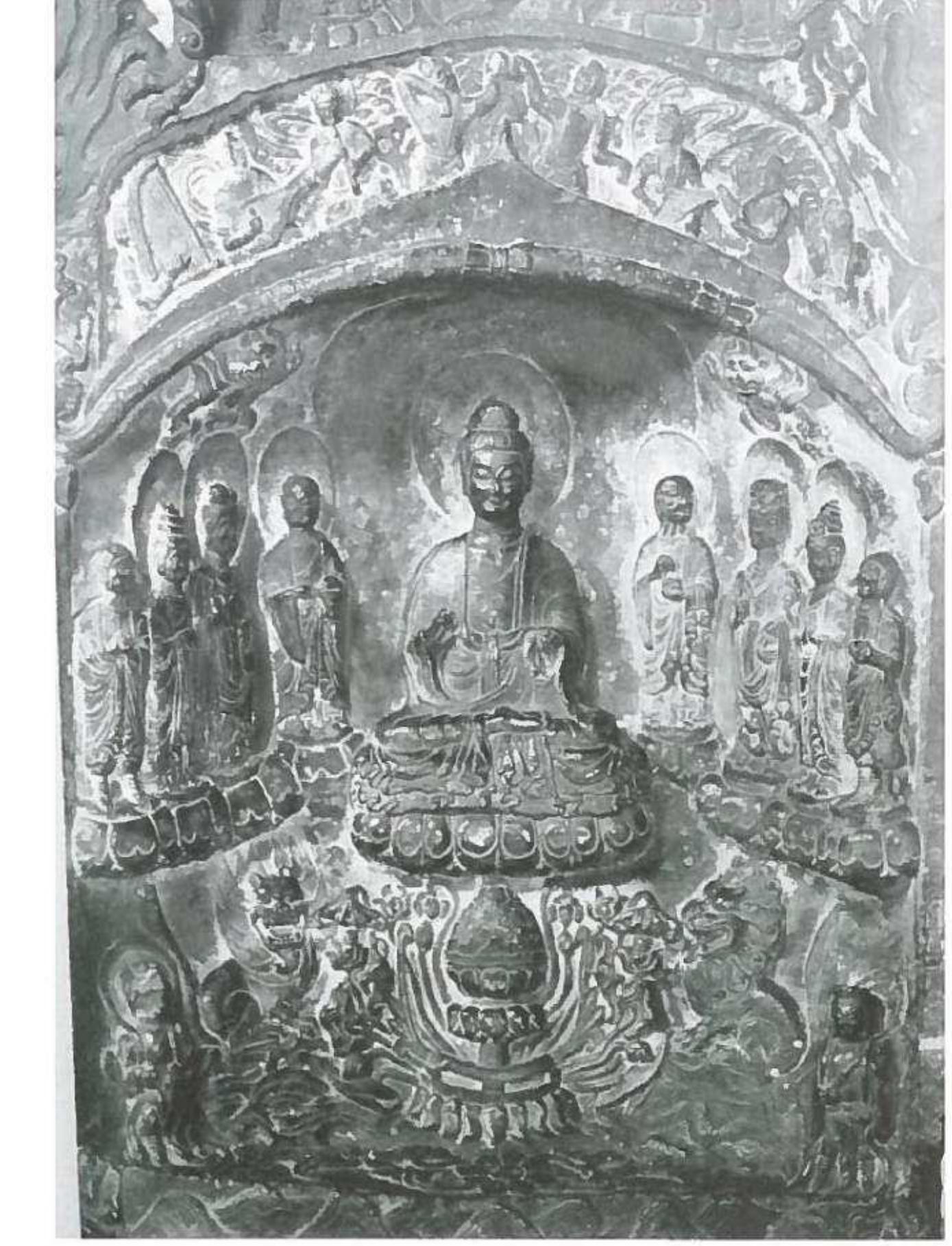 Stela with the Buddha flanked by Bodhisattvas, monks and devotees. University Museum Philadelphia. (From Watson 1981: pl. 62). 