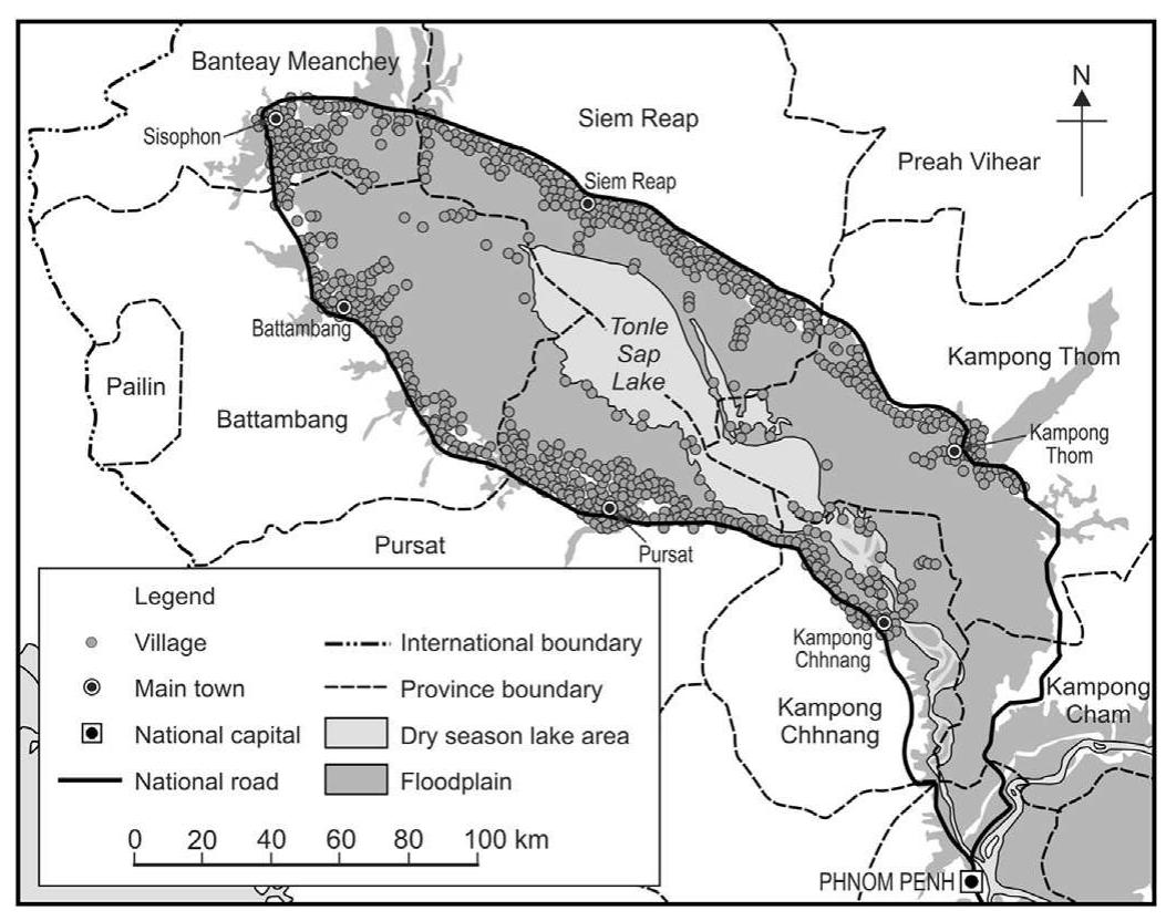 Fig. 3. Settlements in the Tonle Sap area.  zones and fixed boundaries superimposed upon a seasonal, pulsing ecosystem within a diverse human waterscape (Sithirith & Grundy- Warr, 2013). For us the term ‘floating lives’ is both reality and met- aphor for human vulnerability and adaptability in times of unprec- edented transformation within fluid, fragile and _ volatile environments. 
