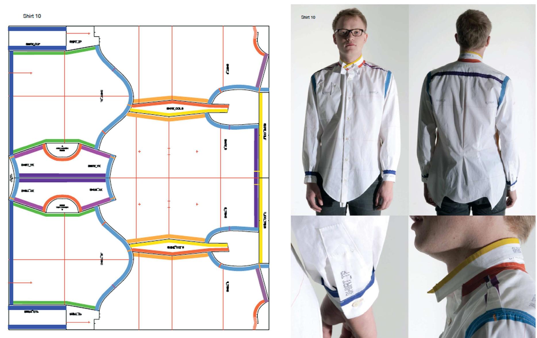 Figure 2. Julia Lumsden’s digitally printed men’s Shirt 10 pattern and garment visualizing the direct relationship between two dimensional pattern and three  dimensional garment.  need to be taken in order to not impose too heavily on the outcomes.  Shapeshifting Conference: Auckland University of Technology April 14-16, 2016  garments which are simple to sew with a simple and forgiving silhouette, with the 