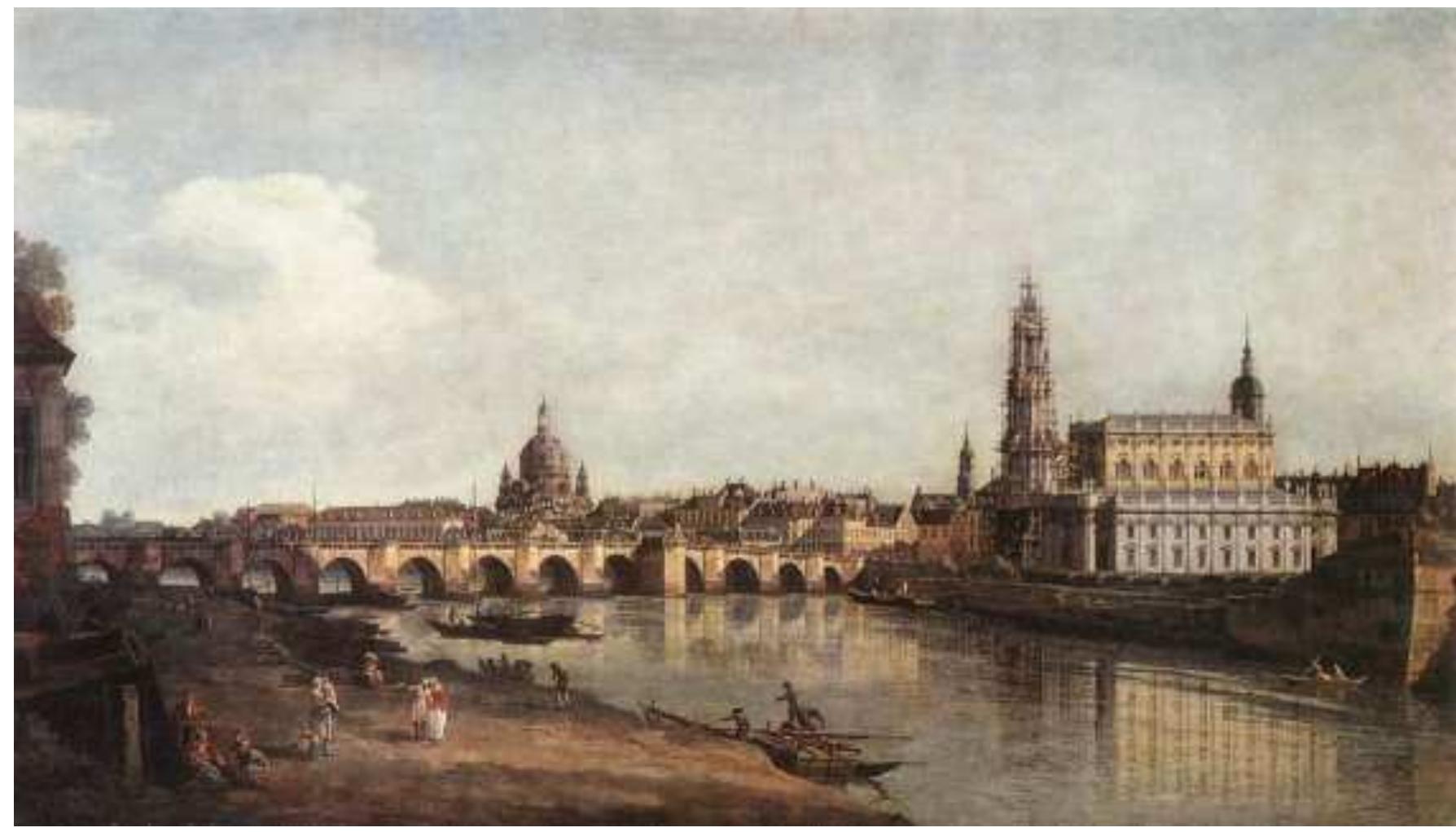 Bellotto, Bernardo. View of Dresden from the Right Bank of the Elbe with the Augustus Bridge (1748)  Vivaldi’s connection with Dresden began on 29 February 1712 when the visiting electoral prince, Friedrich August, was presented at the Pieta with “un libro di suonate” [a book of sonatas] of his composition. This travel was following by a longer sojourn in 1716 — 1717, spent principally in Venice, *! accompanied by violinist Pisendel.  The music of Vivaldi will take a more important role in Dresden from autumr 717, when Pisendel returned from Italy. 4? 