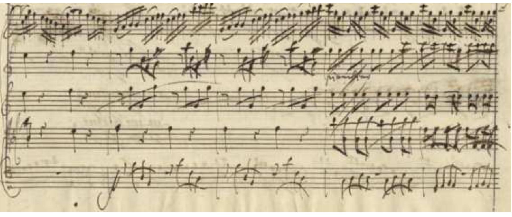 In the following example it is possible to see Vivaldi’s handwriting in the bottom staff, correcting the violins accompaniment:  The Lebenslauf Herrn Johann Georg Pisendels (Biography of Johann Georg Pisendel), published in 1767,*° states that Pisendel in fact “took actua violin lessons’? from Vivaldi (and from the “famous violinist, Montanari”, in Rome, though presumably he mostly taught him modern Italian interpretation in Vivaldi’s manner). In addition, a recently rediscovered document proves that the consultations (as we might call Pisendel’s lessons with Vivaldi, using modem terminology) included composition: the autograph of concerto in A minor (Mus.2421-O-14) composed by Pisendel in Venice contains corrections in Vivaldi’s hand.  