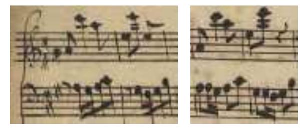 A similar variaton is also found in bars 24, 27, 30 and 33 where a note is missing in the bass part in Copyist B version:  Other small variations are found in the bass line in bars 41-42 and its homologue in bb. 107-108: 