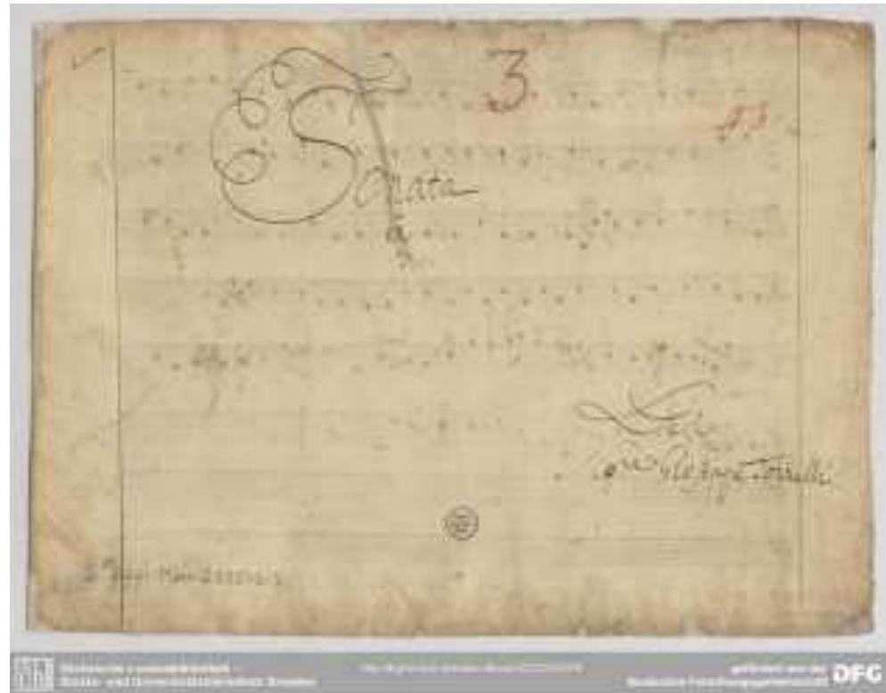 Cover page from Torelli's trio sonata (D-D] Mus.2035-Q-3)  A logical conclusion is that Pisendel copied these pieces during his period in Ansbach (from 1697 to 1712).!28 