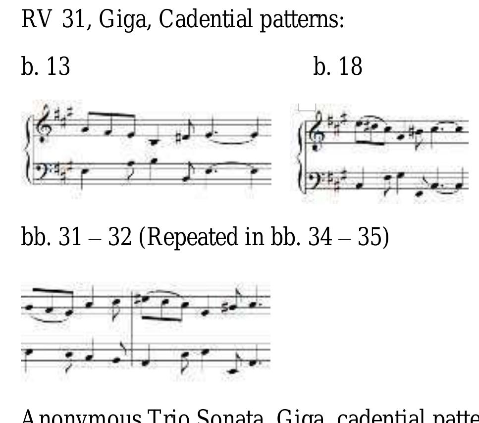 The cadential pattern used in the Giga contained in the RV 31 is the same as in the Giga of the Anonymous Trio Sonata. 