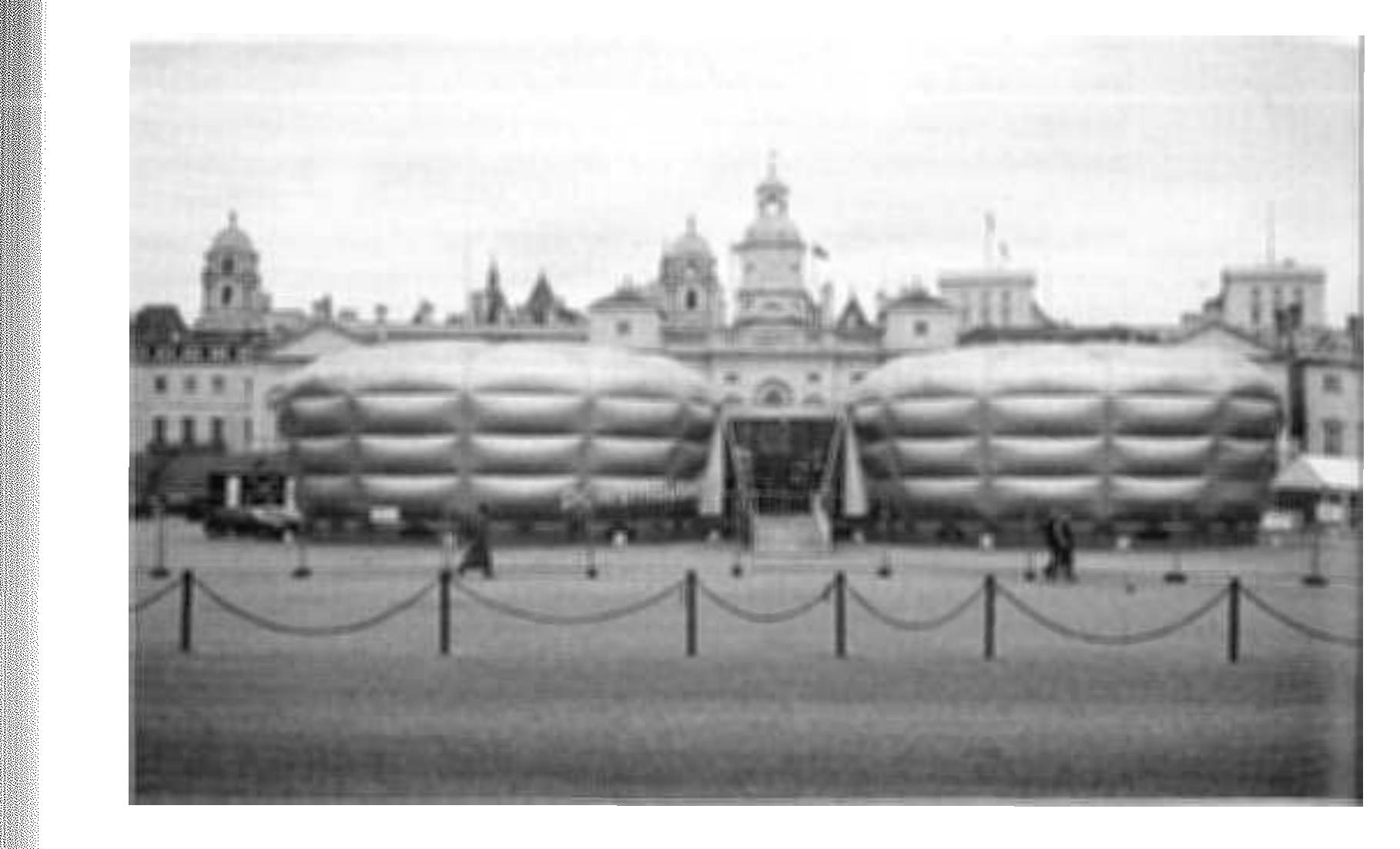 could not fill the largest enclosed space on earth, and they were mostly of a style seen in popular media, offering little in the way of a window onto an alternative reality. By contrast, the material contents of the Festival of Britain, as slight as they were, gave visitors glimpses of technologies and industries rarely-, or not- yet-seen: the world’s largest sheet of plate glass; a Post Office railway; a display of new British Railways locomotives; a 74-inch reflecting telescope; historic aircraft; rear portions of an oil tanker, passenger liner, and factory ship protruded from the Sea and Ships pavilion.”* In the great tradition of fairs that had previously showcased electrification and telephones, the Festival of Britain was a chance for visitors to learn something about the startling, new, publicly funded sciences— the atom, the radio telescope, hemoglobin. The most popular exhibit at the Dome, Nigel Coates’s abstract walk-through human body in the Body zone, curiously prioritized a funhouse atmosphere over scientific insight. The chief breakthrough technology at the time of the Millennium Dome, the exponentially expanding internet, was immaterial and invisible, and the most interesting products of the Dome’s sponsors were generally cloaked by business secrecy. How much more absorbing would the Mind zone have been, one study has speculated, had it revealed the defense products of its sponsor rather than the dissimulated metaphor  of an ant colony?”  10.2  Nigel Coates and Buro Happold, powerhouse::uk pavilion, Horse Guards, London, 1998. Author photo 