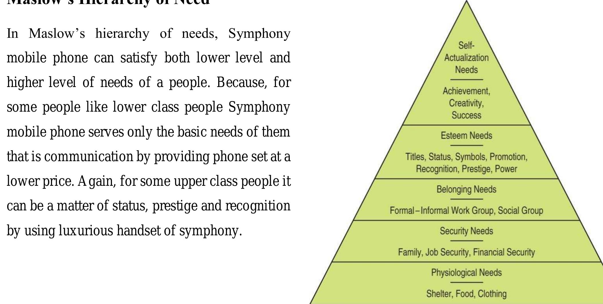 some people like lower class people Symphony
 mobile phone serves only the basic needs of them
 lower price. A gain, for some upper class people it
 can be a matter of status, prestige and recognition
 by using luxurious handset of symphony.
