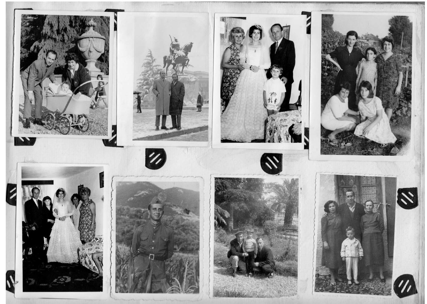 Fig. 2 A page from a family album in Tirana with pictures from the 1950s (the father as a soldier in 1951) and 1960s. Some of them were taken outdoors by a public photographer, others at home, by the father’s brother-in-law who worked as a photographer in a ministry. The family had a “bad biography”; the last picture shows the father in 1960, a few days after he returned from eight years in prison. The pictures were set by the father in the album brought back from Romania by his brother-in-law. 