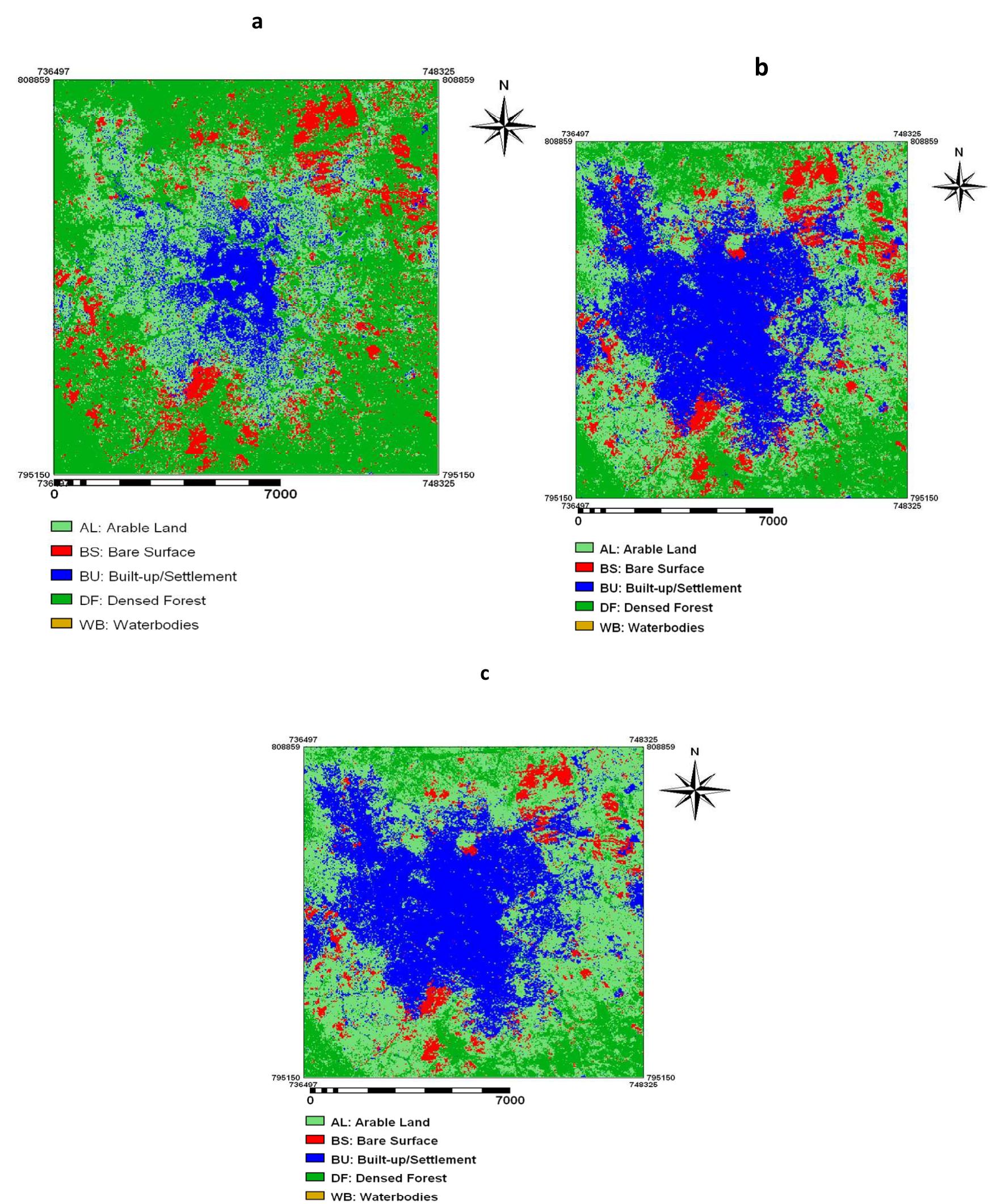 Cover Map Akred (a, b & c). landuse landcover map of akure in 1986, 2002 and