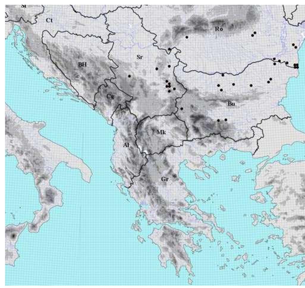 Fig. 2. Distribution of the species Parietaria serbica Panéié in the Balkan Peninsula and Romania Vespite the fact that serbian spruce was described more than a century ago, there has been a long-standing dilemma about its phylogenetic position in the genus Picea. More than 10 infrageneric classifications of the genus Picea were done in the 20" century and they all determined Serbian spruce as a founder of the section Omorika where different species of the genus Picea were classified. However, in the 70-ies of the last century there was an accepted opinion (KrUssMANN 1972), that the section Spruce still includes three species: P breweriana S. Watson from North America, P spinulosa (Griff.) A. Henry and P. brachytyla (Franch.) E. Pritz. from China. Moreover, Liu (1982) proposed division of the genus Picea into two subgenera: Omorika (Willk.) Liu with two sections Omorika Willd. emend. Liu and Morinda Mayr emend. Liu and Picea with two sections Picea and Casicta Mayr emend. Liu. In the last decade, phylogenetic studies of the genus Picea based on plastid and mitochondrial DNA (BoUILLE & BOUSQUET 2005; RAN et al. 2006) suggested the origin of Picea to be in North America and placed P omorika into the clade with two broadly distributed boreal North-American species P mariana (Mill.) Britton, Sterns & Poggenb. and P rubens Sarg. On the contrary, LocKwoop et al. (2013) found three clades and positioned P. omorika into the Eurasian clade together with two Japan-Sakhalin species P maximowiczii Regel ex Mast. and P. alcoquiana (H. J. Veitch ex Lindl.) Carriére and Caucasian-Asia Minor spruce P orientalis (L.) Peterm. These two opposite viewpoints about the origin and phylogenetic position of P omorika, demonstrate that this species remains an unsolved puzzle for botanists. oo Fe |... fF fF iy, gt ™m 4, Tre... fF. 8 ge