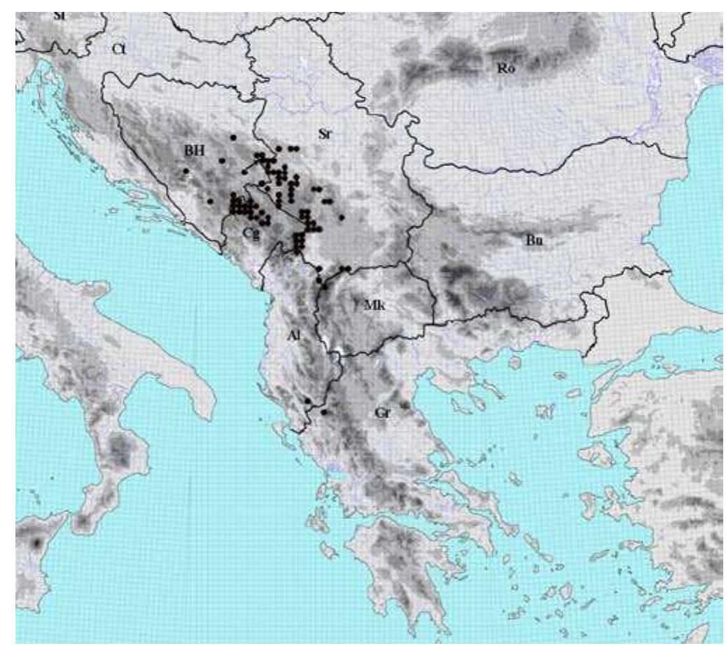 Fig. 5. Distribution of the subspecies Heliosperma pusillum (Waldst. & Kit.) Rchb. subsp. monachorum (Vis. & Panci¢) Niketi¢é & Stevan. in the Balkan Peninsula