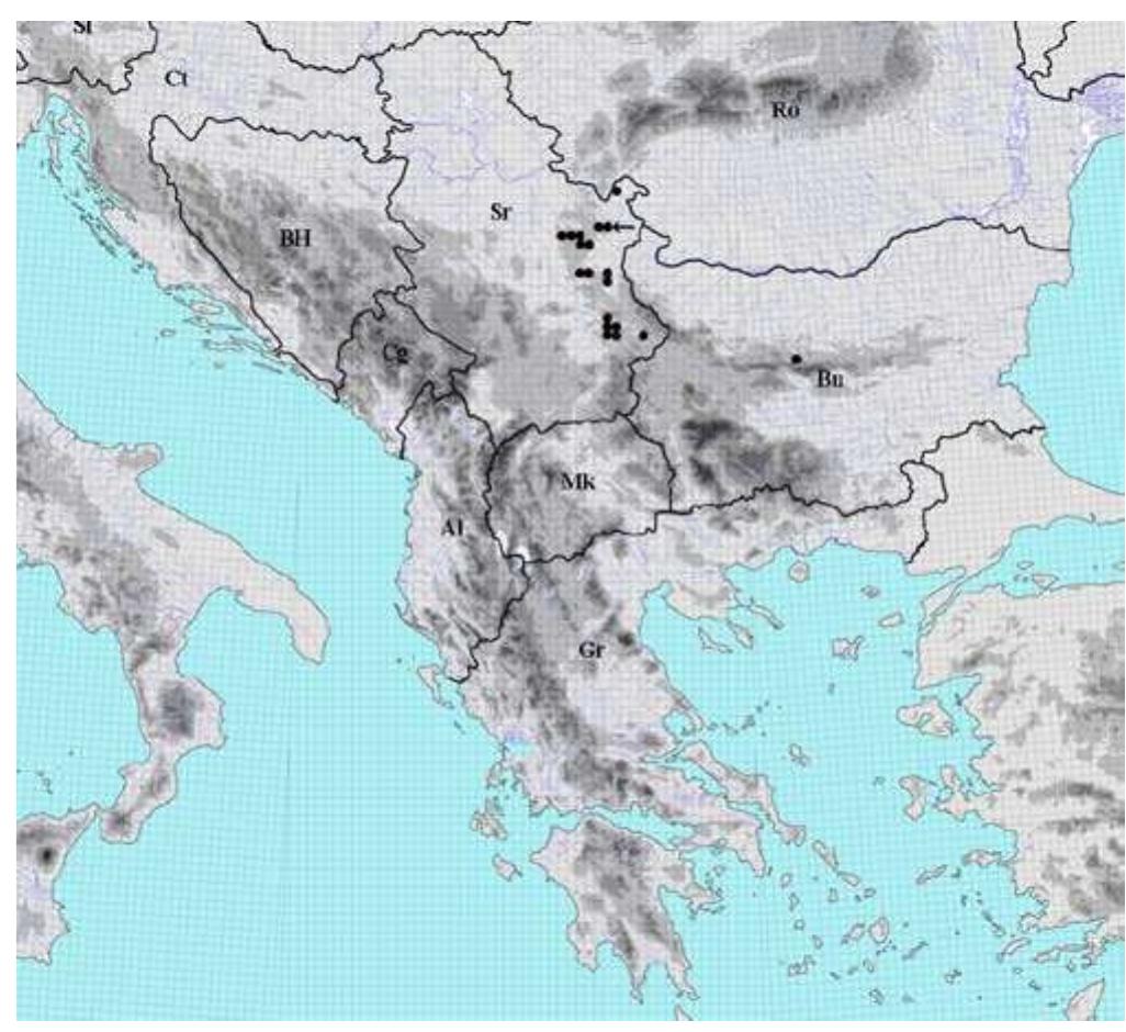 Fig. 6. Distribution of the subspecies Heliosperma pusillum (Waldst. & Kit.) Rchb. subsp. moehringiifolium (Uechtr. ex Pandi¢ ) Niketi¢ & Stevan. in the Balkan Peninsula