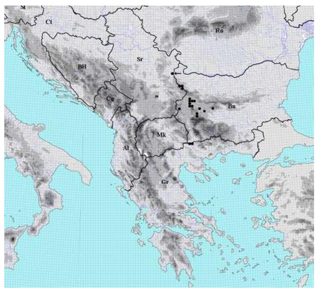Fig. 7. Distribution of the species Dianthus moesiacus Vis. & Panci¢ in the Balkan Peninsula