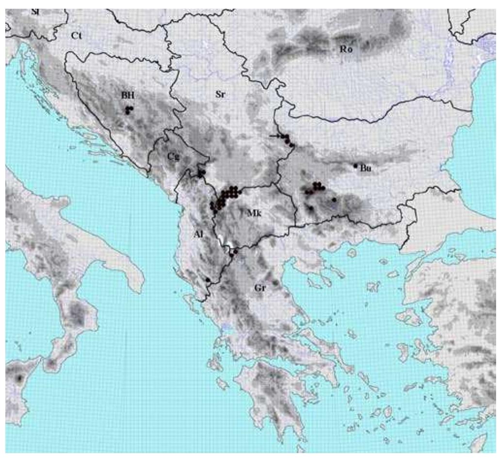 Fig. 11. Distribution of the species Barbarea balcana Pan¢ic¢ in the Balkan Peninsula