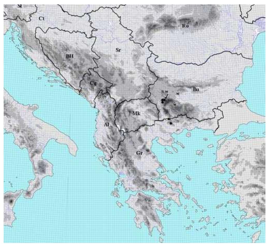 Fig. 13. Distribution of the species Sempervivum leucanthum Panci¢é in the Balkan Peninsula