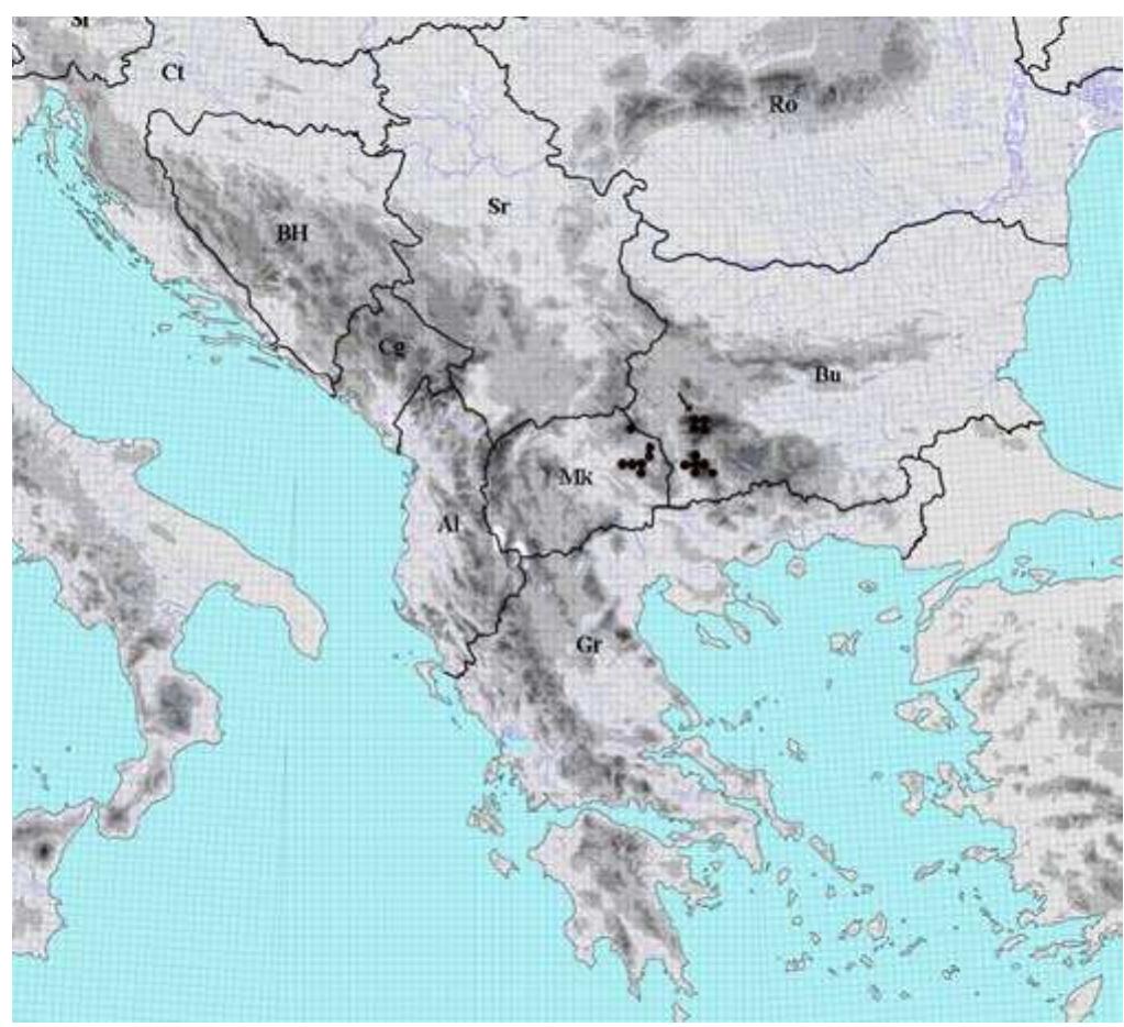 Fig. 14. Distribution of the species Viola orbelica Panéi¢ in the Balkan Peninsula
