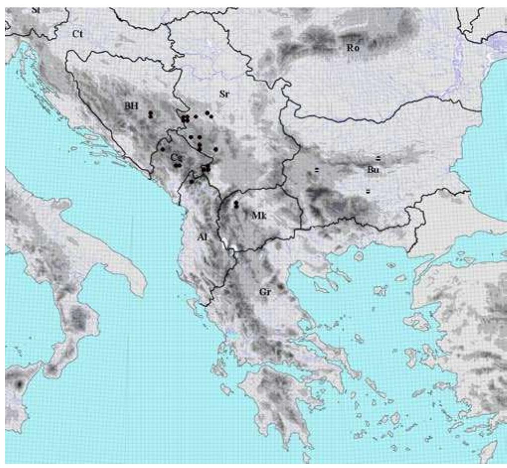 Fig. 17. Distribution of the species Haplophyllum boisserianum Vis. & Panci¢ in the Balkan Peninsula Fig. 16. Distribution of the species Euphorbia subhastata Vis. & Panci¢ in the Balkan Peninsula
