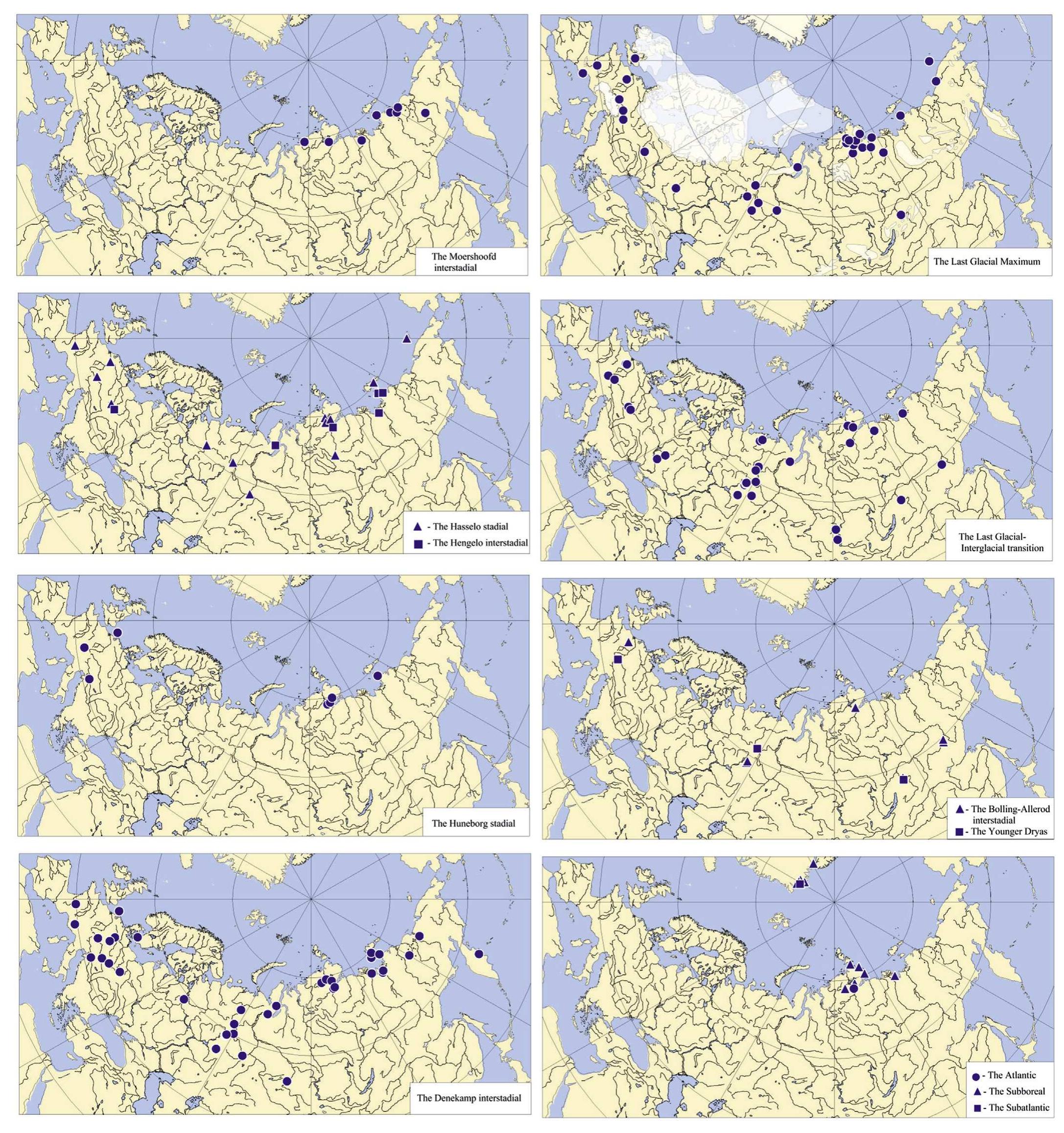 Fig. 2. Geographical distribution of dated musk ox (O. moschatus) remains in Europe and Northern Asia during the different time intervals of the Late Pleistocene and Holocene. 