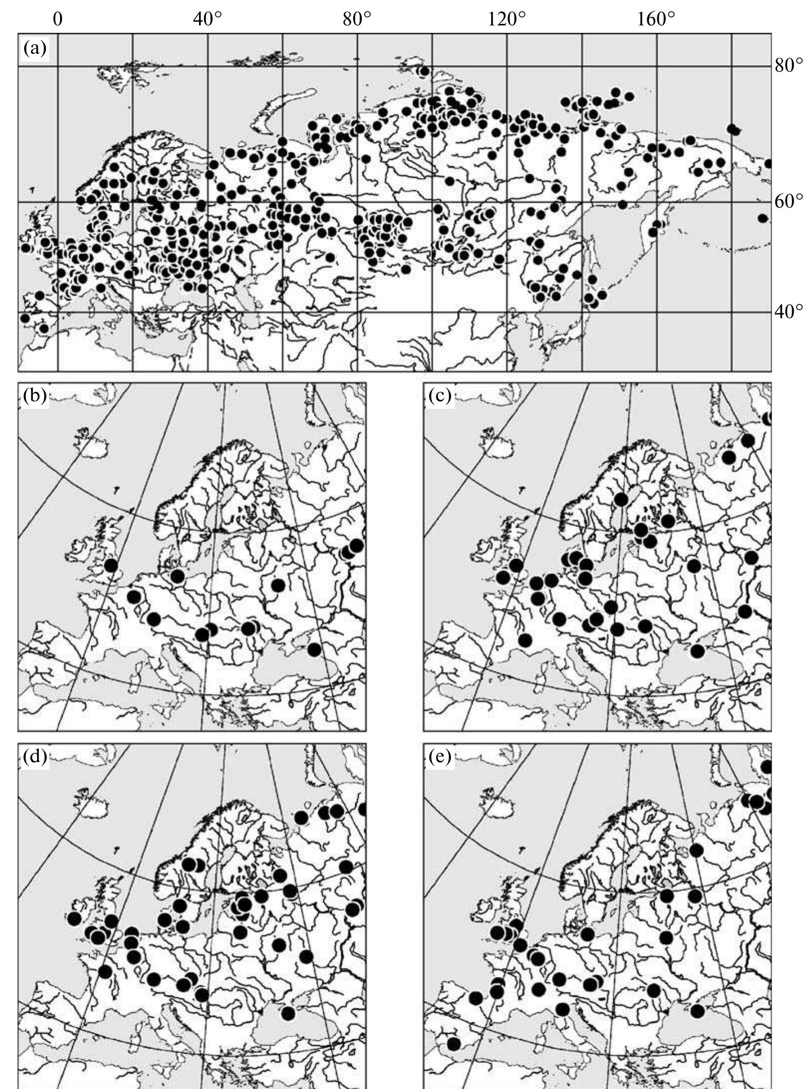 Fig. 1. The localities of Late Pleistocene mammoth bones in Northern Eurasia (a). The localities of mammoth bones, synchronous in age to the Moershooft interstadial (b), the Hosselo stadial (c), the Hengelo interstadial (d), and the Huneborg stadial (e). 
