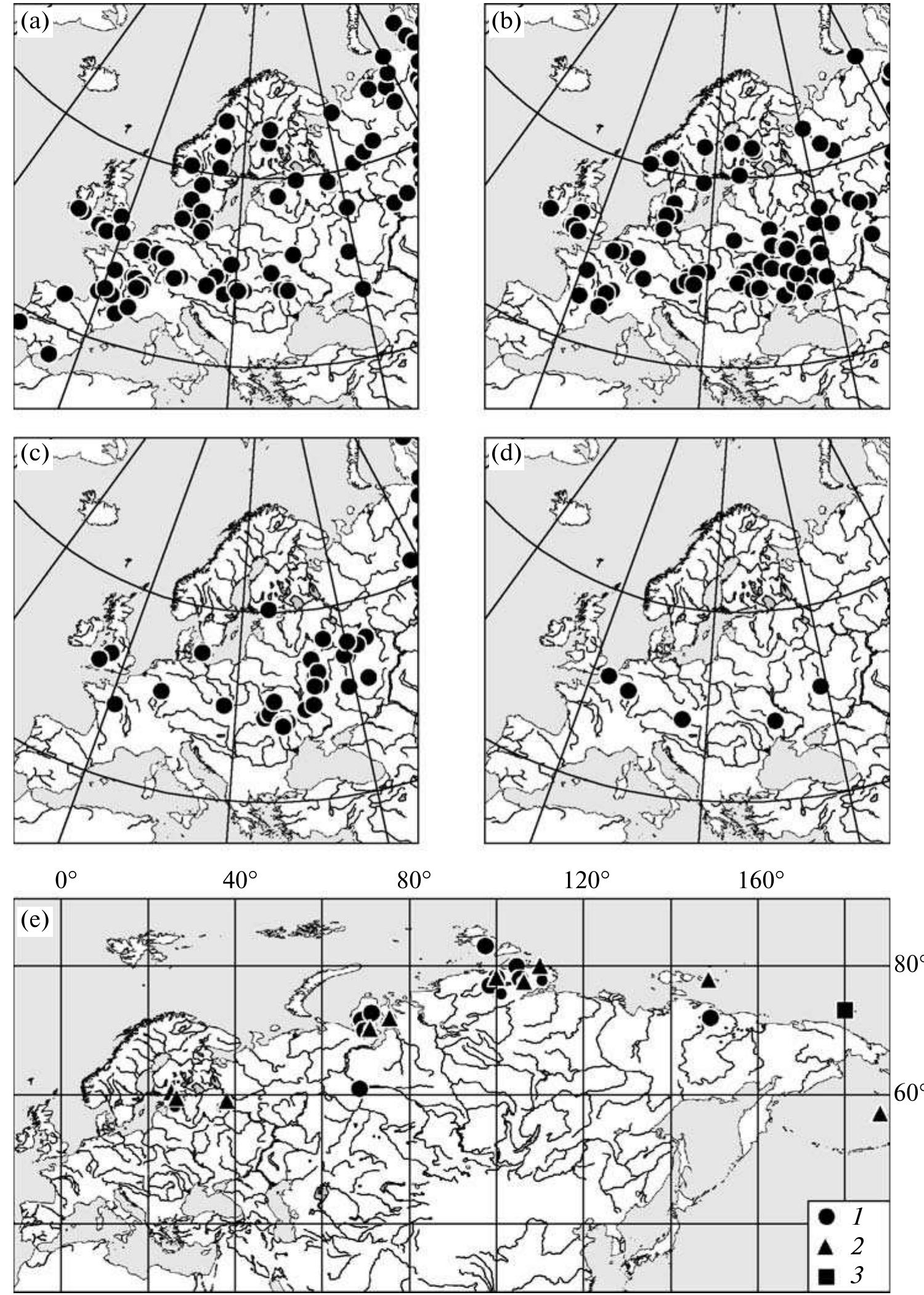 Fig. 2. The localities of mammoth bones synchronous in age to the Denekamp interstadial (Bryansk) (a); the last glacial maxi- mum (LGM) (b); the Late Glacial (c), the warm interstadials (Belling, Allerad) (d); and the Younger Dryas stadial, the Early Holocene, and the Middle and Late Holocene (e). 