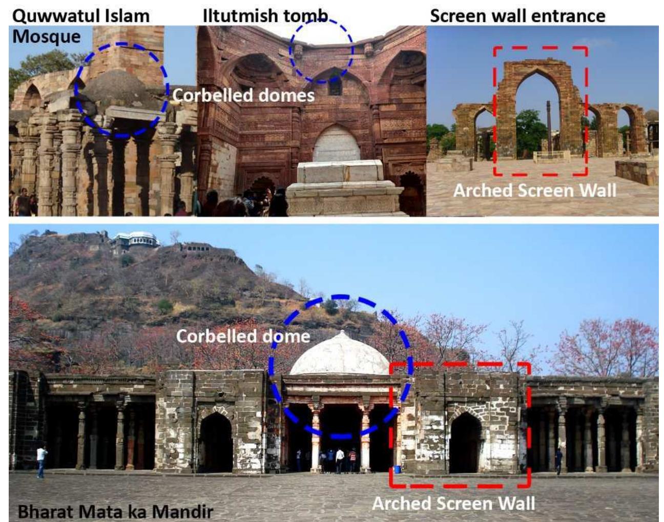 Iltutmish further enlarged the mosque area and erected a huge screen wall on the eastern side consisting of corbelled arches having detailed ornamentation on their facades. The mosque was further expanded by Ala al-Din Khalji who added a massive ceremonial gateway known as Alai Darwaza where for the first time in India, a true arch and true dome were built as structural system and decorated with blocks of red sandstone and white granite.  Figure 4: A Comparison of elements in Qutub Complex and Jamia Masjid, Daulatabad 