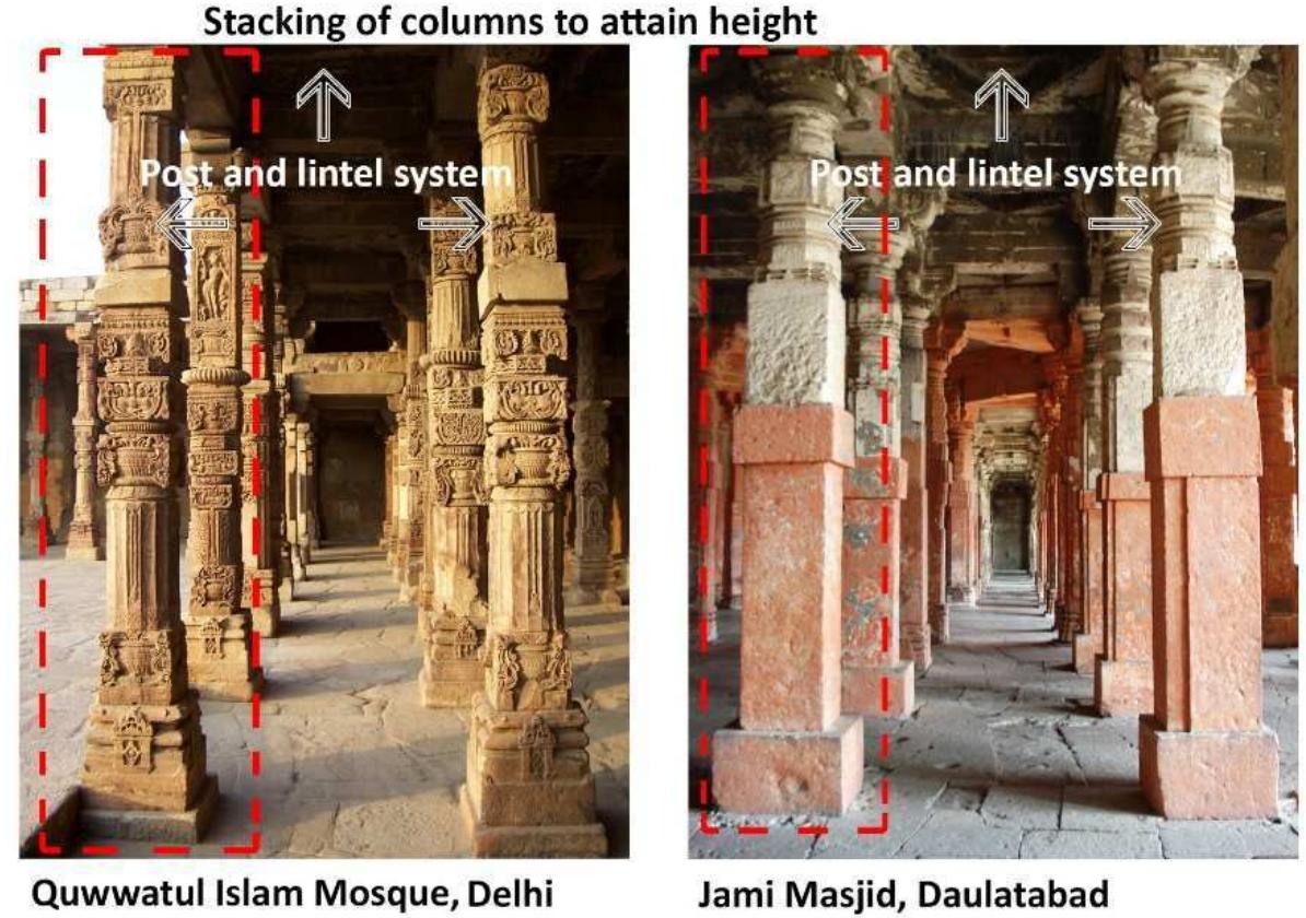 Figure 5: Similar structural systems in both mosques  The mosque has an octagonal space in its centre in front of Mehrab which is meant to house the corbelled dome similar to the earlier Delhi experiment in the Quwwatul Islam mosque as well as Iltutmish tomb. The mosque is further provided an Islamic character among these pillars by addition of screen walls consisting of true arches which again relates to the screen wall in Qutub complex. Although this screen wall is attached to the actual building unlike in Delhi where it marks the entrance, and has been erected in two parts to create symmetry and seems to be more on a human scale. Presently the Mehrabcontains the statue of Bharat Mata, and is hence known by Bharat Mata kaMandir.  