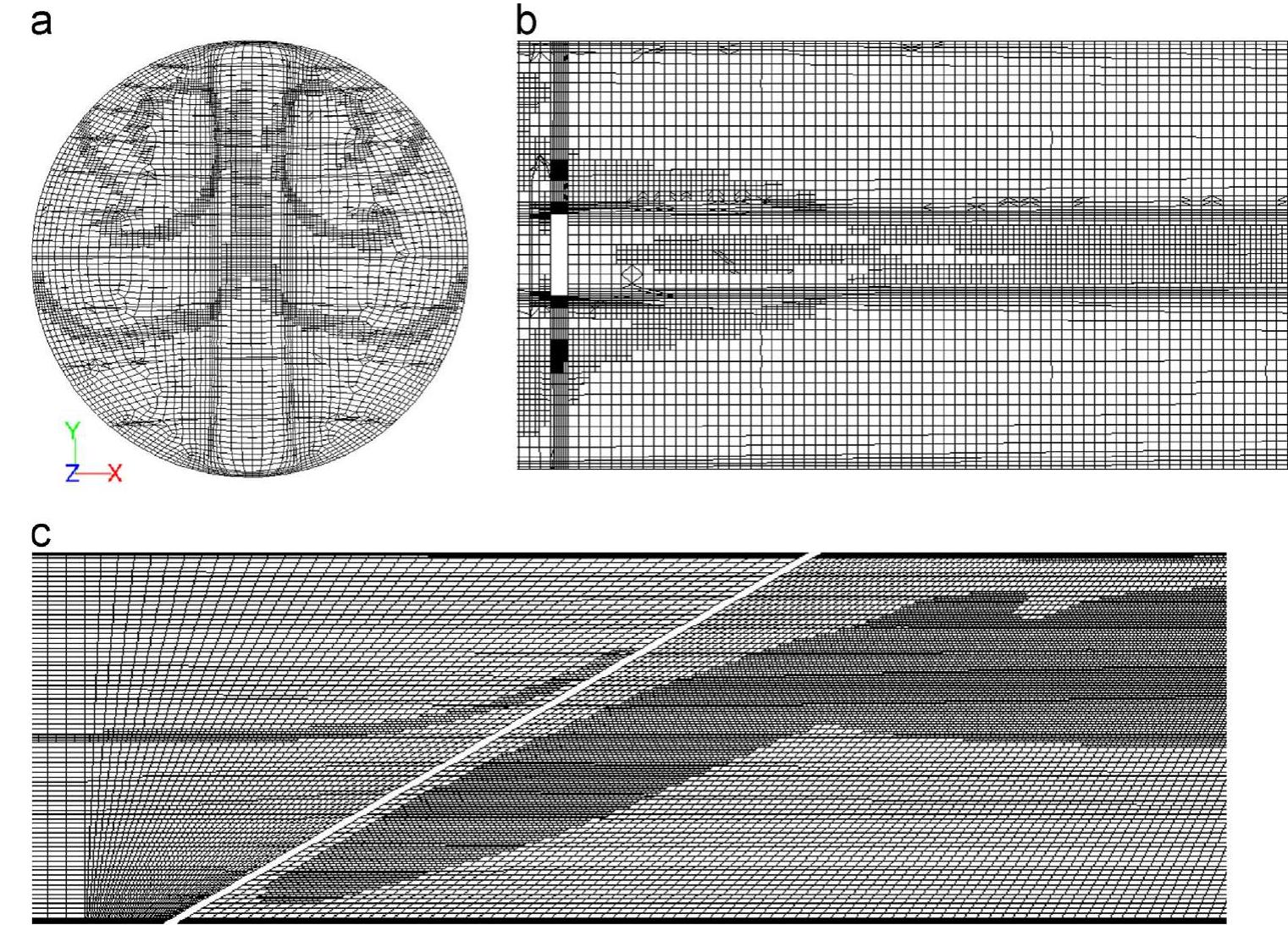 Fig. 3. Zoom on a single row of vortex generators showing the adapted mesh on (a) a cross-section (x, y) at Z=50 mm, (b) horizontal plane (x, z) and (c) vertical plane (y, z  The Computational Fluid Dynamics CFD code Ansys Fluent is used for the present simulations. It is based on an Eulerian approach to solve Navier-Stokes equations through cell-centered finite volume discretization. The flow equations are solved sequen- tially with double precision and a second-order upwind scheme  In fact, on ANSYS FLUENT, the iterations stop when all the criterions are achieved. Meanwhile, it is better to achieve a criterion of 10~® for the passive scalar equation to have an  asymptotic behavior for T while this behavior is achieved at 10~° for the other equations. 
