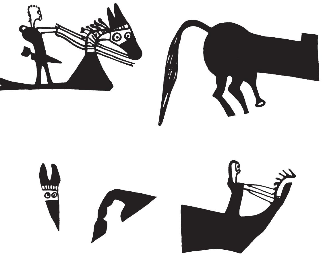 Fig. 5: Fragments from an LHIIIB2 krater from Minet el Beida (after Schaeffer 1939, figs. 39 and 96E; drawing by the author). Fig. 4: LH IIIB fresco from the throne room at Mycenae after Schofield 2007, 119, pl. 66; drawing by Candida Londsdale)