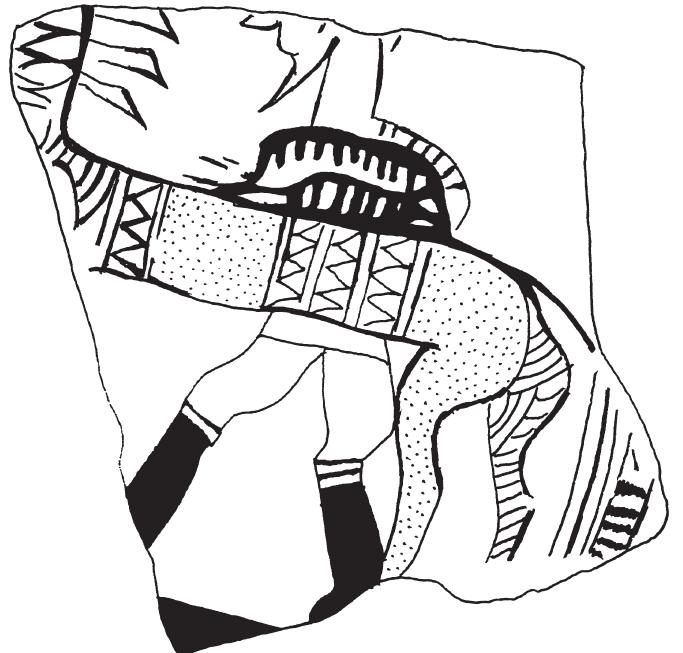 Fig. 7: A polychrome sherd of an LH IIIC vessel at Mycenae after Vermeule and Karageorghis 1982, 123, XI.7: drawing by the author Fig. 6: One side of an LH IIIC krater from Ugarit (after Langdon 1989, 188, fig. 4).