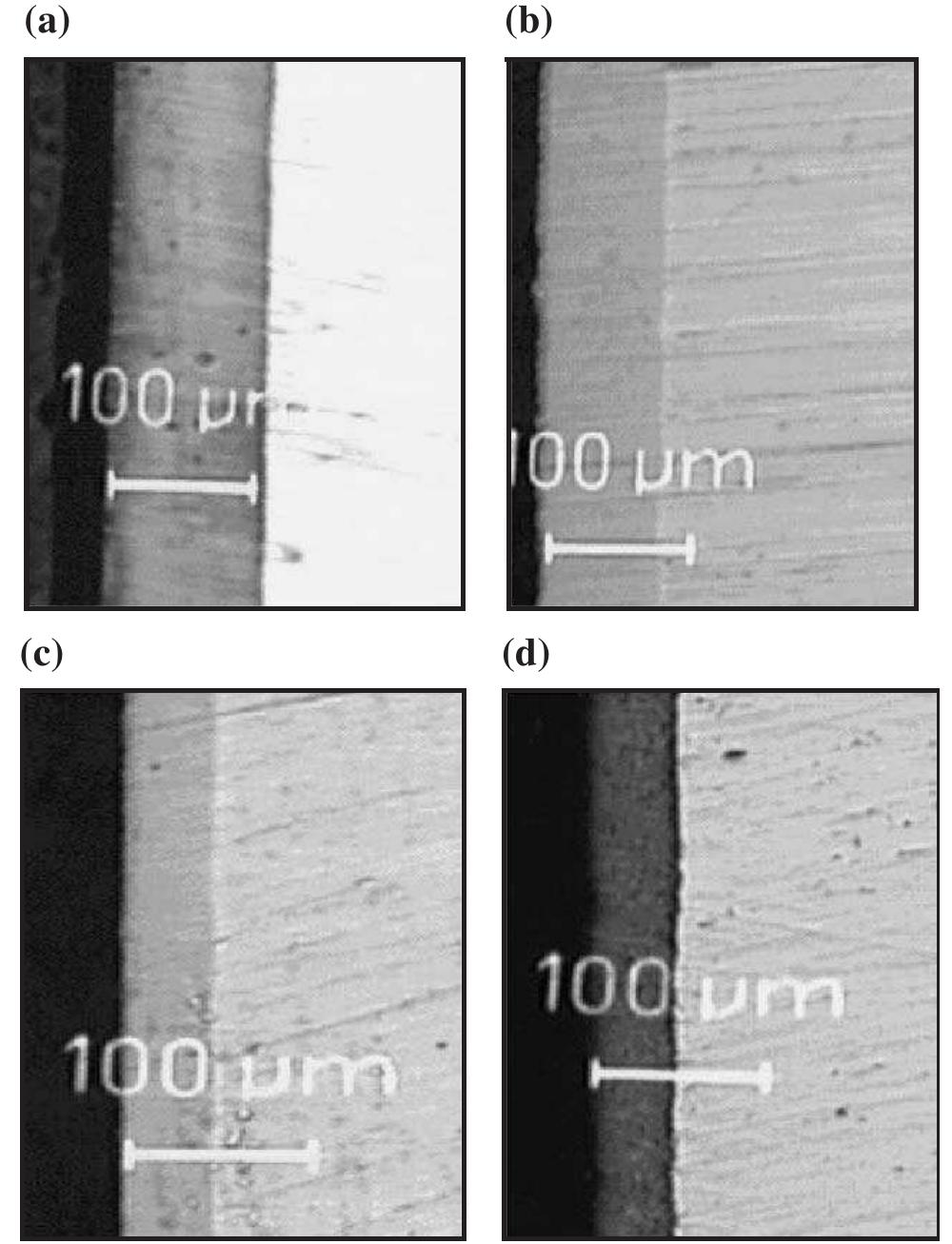 Fig. 3. Optical microscope observation of plasma nitrided samples. (a) Mirror polished sample plasma nitrided at 80% N>/20% H); (b) mirror polished sample plasma nitrided at 20% N>/80% Hz; (c) ground sample plasma nitrided at 80% N,/20% H,; (d) ground sample plasma nitrided at 20% N>/80% H>. 