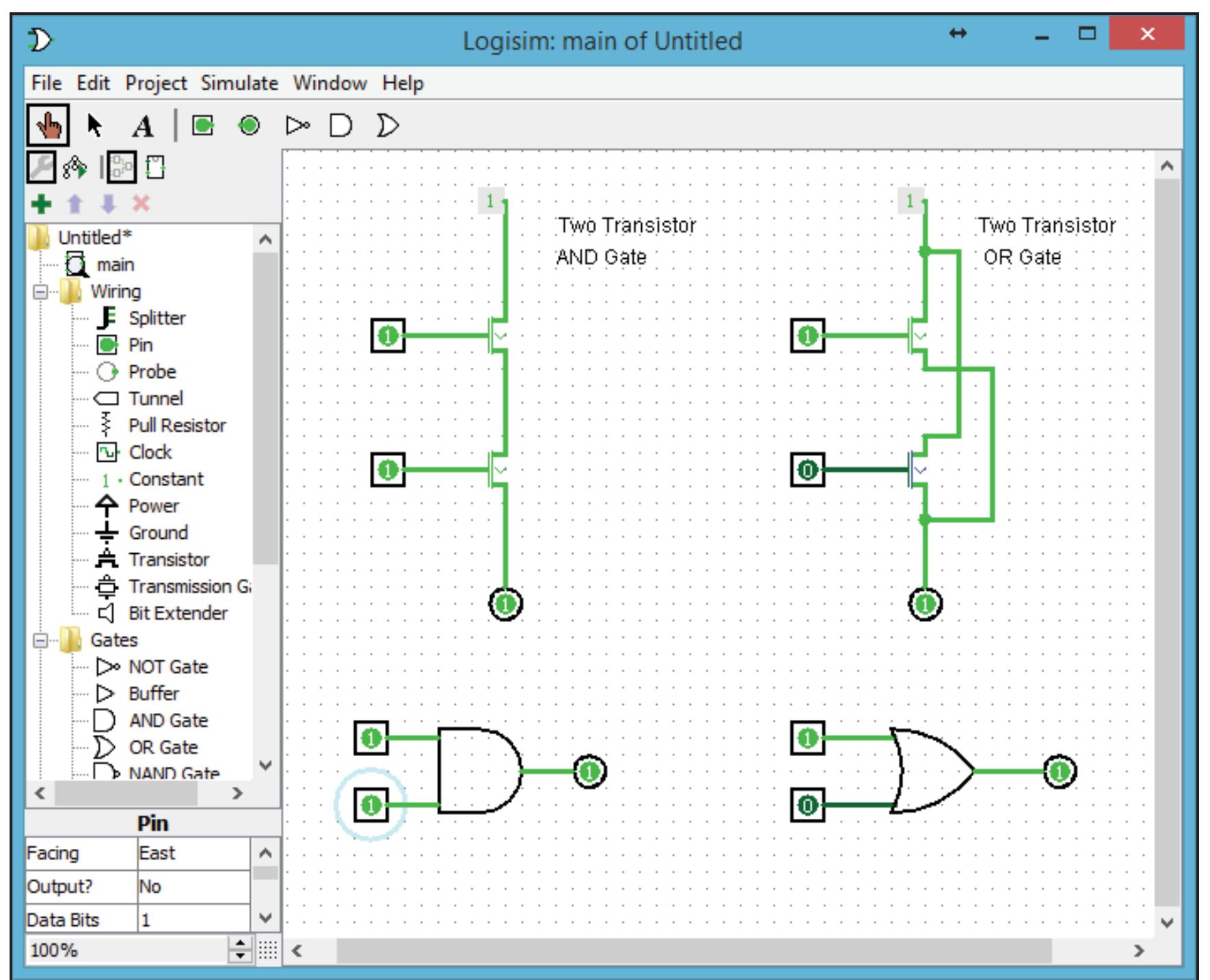 Simulation of transistor circuits and logic gates in unit 2,