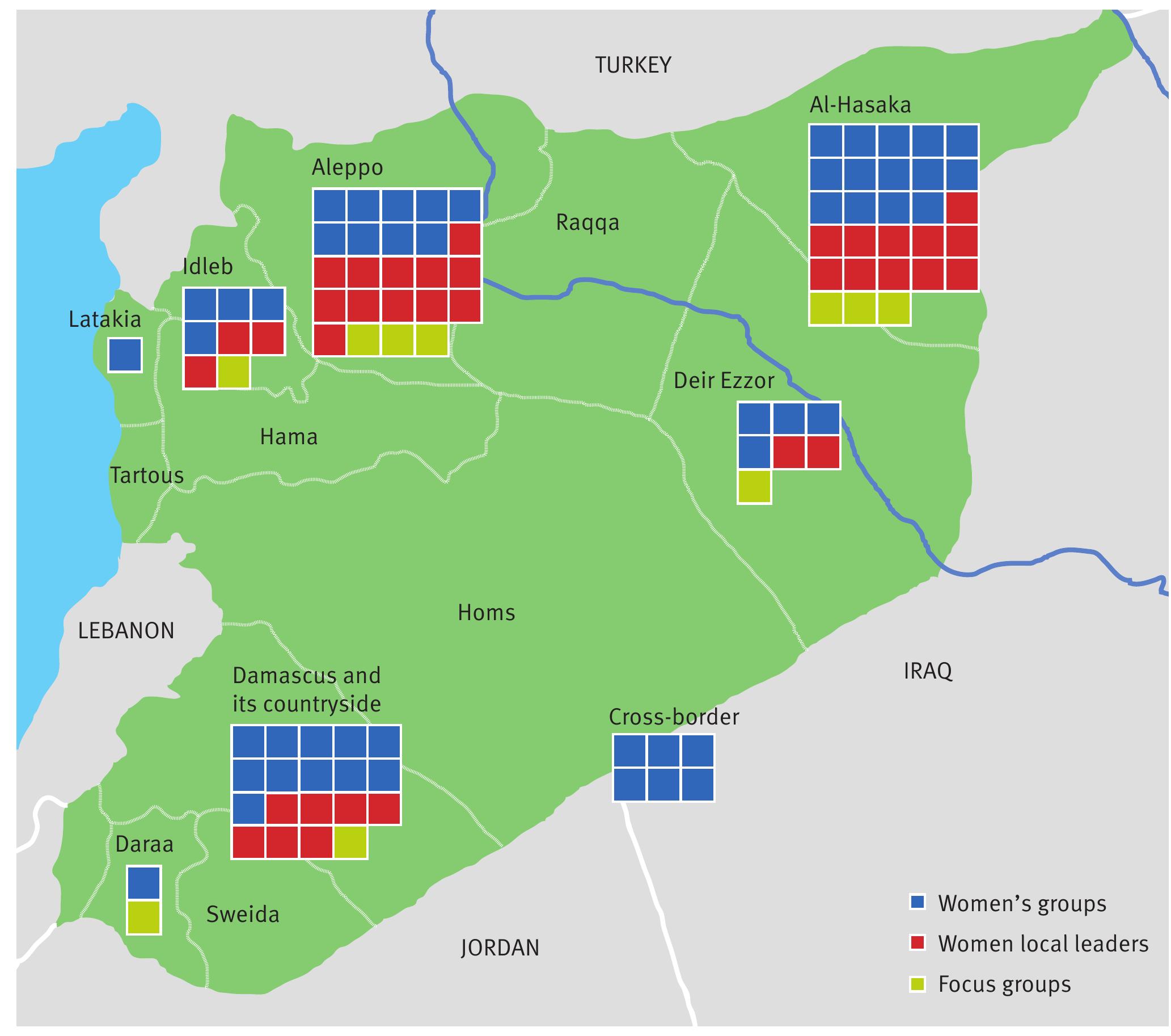 A map of Syria showing where the different parts of the research took place. 