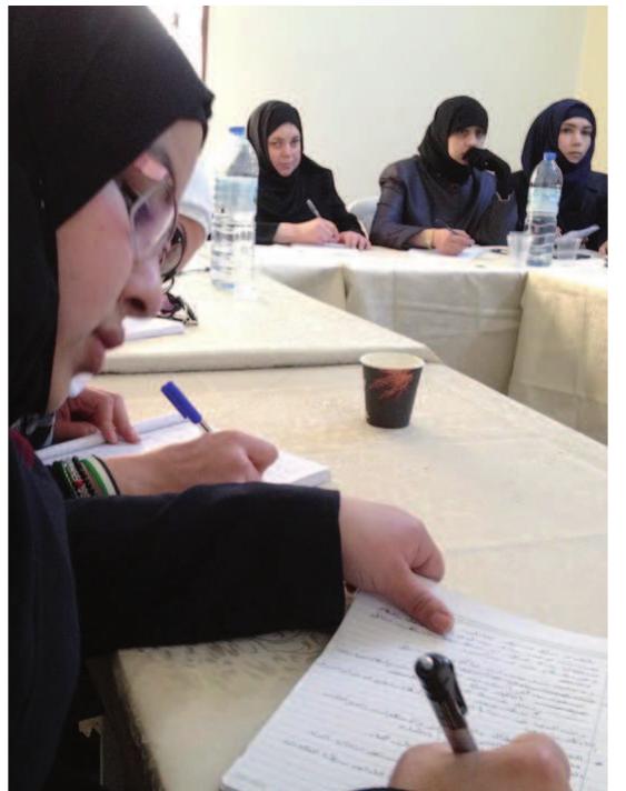 Women at a training on journalism in Aleppo. Photo: Zaina Erhaim  When analyzing the geographical spread according to the population in each governorate’, it is clear how violence plays a pivotal role in the increase or decline of women’s groups. Al-Hasaka, for example, is only the fourth largest governorate in terms of population among the areas cov- ered, yet it hosts the highest number of women’s groups. This can be attributed to the better safety and security conditions in Al-Hasaka, partly because Al-Hasaka is ex- 