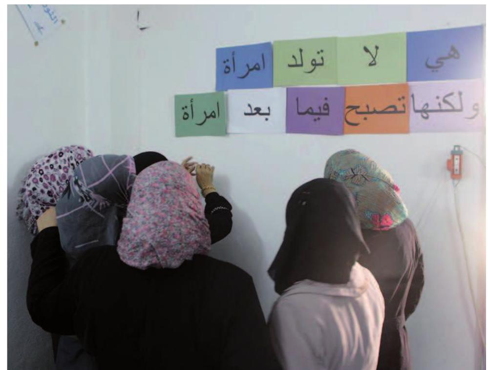 Participants in a gender workshop in the countryside of Aleppo. On the wall is a quote by Simone de Beauvoir. It says, “One is not born, but rather becomes, a woman”. Photo: Badael Foundatior 