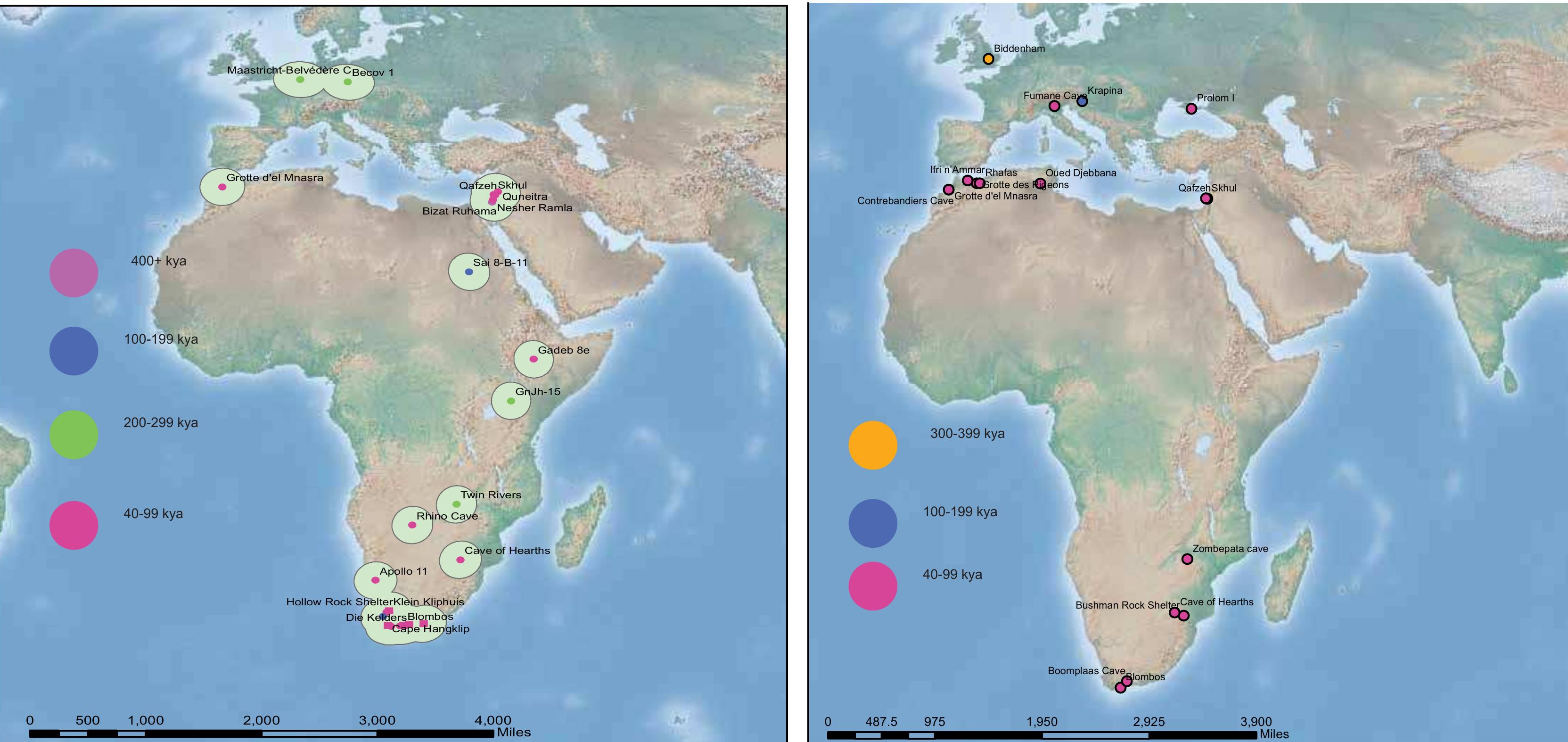Sites that have evidence of ochre use. Squares = sites with engraved ochre. Buffer around each site at 200 miles. 