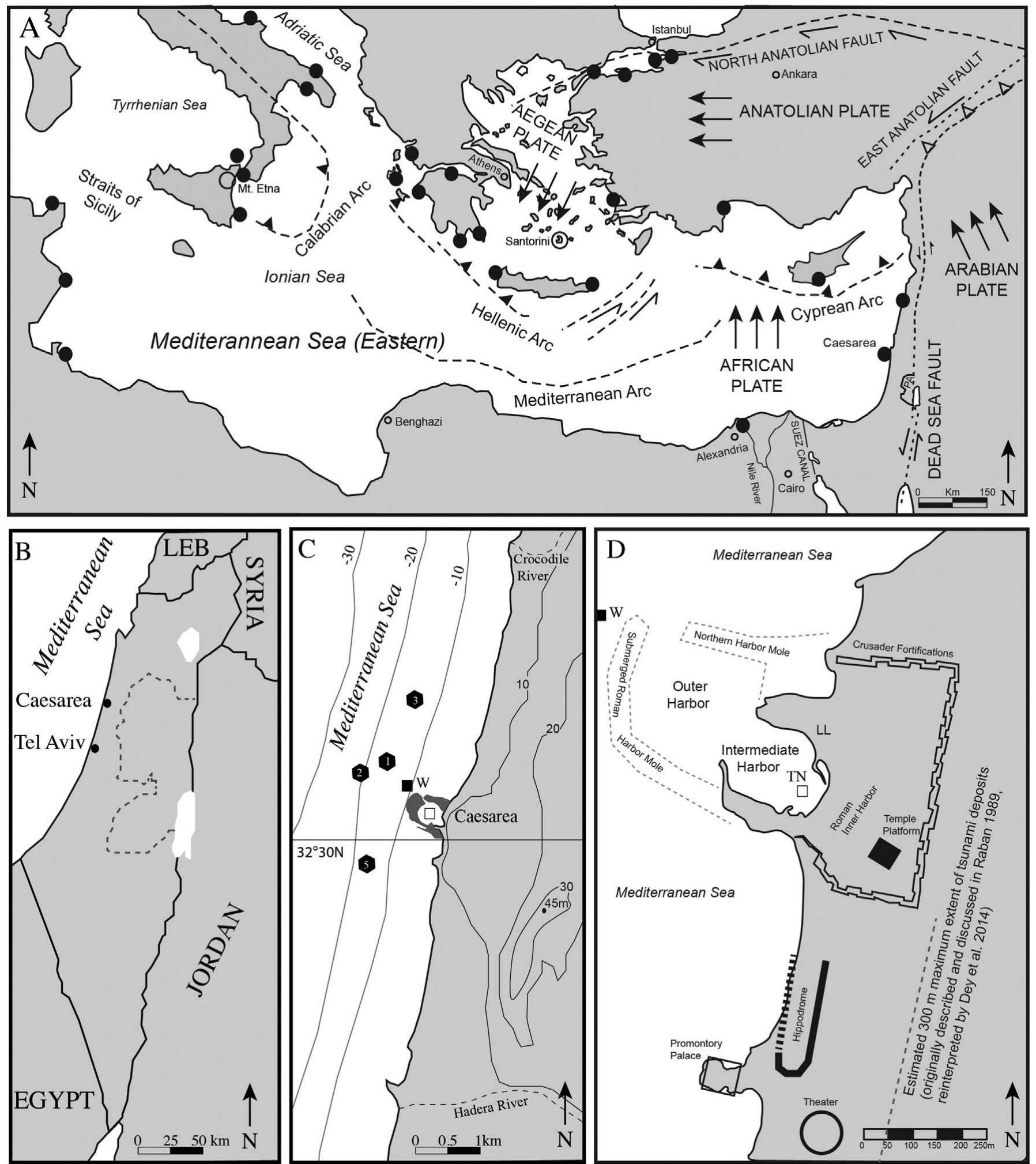 Fig. 1. A) Map of eastern Mediterranean Sea with major tectonic and volcanic features highlighted. Circles represent volcanoes discussed in the text and filled circles represent locations ir which tsunamigenic deposits have been documented in this region (adapted from summary of V6tt, 2011). B) Study site in context of neighboring countries. C) Local features near site Empty square within the harbor moles represents the area of inner harbor shallow excavation areas ‘TN’ and ‘TNZ’. Topography in meters. For further description of excavation results anc stratigraphic sequence, see Reinhardt and Raban (2008). D) Harbor areas of Caesarea with features mentioned in text highlighted. 