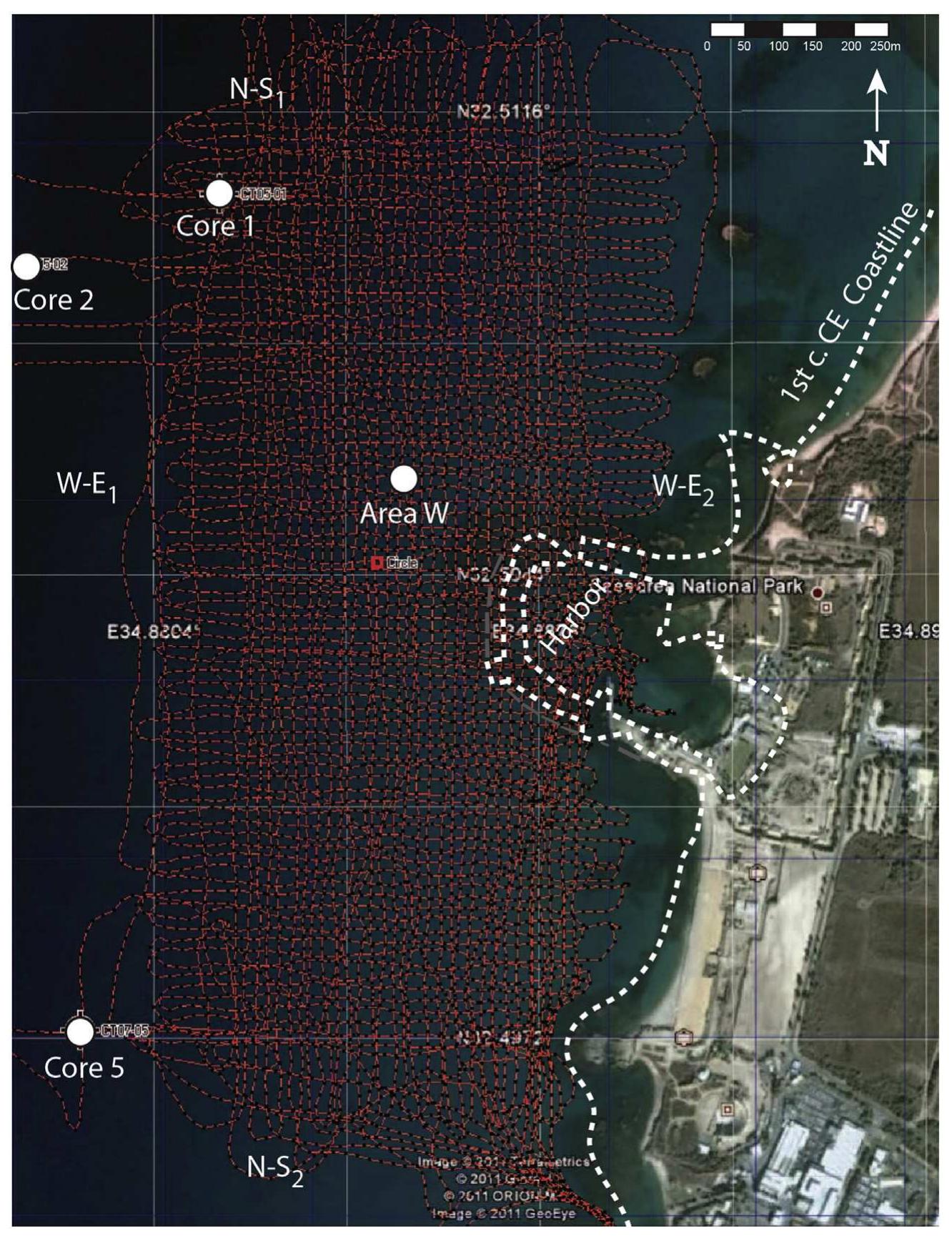 Fig. 2. CHIRP profiles (red dashed lines), collected offshore of Caesarea in August 2011. Total track length was ~126 km, and profile spacing was ~5 m. Each dip profile is ~0.65 km long, while each strike profile is ~1.4 km long. Note locations of cores/seafloor excavations (red square, white dots), within which tsunamites were interpreted (Goodman-Tchernov et al., 2009). Remains of the ancient Roman city lie to the east; part of the ancient harbor still exists, defined by the remains of semi-circular moles/groins visible just below “Caesarea National  Park” in this satellite image. The approximate outline of the original harbor is shown (white dashed lines). White arrowheads denote the locations of the strike and dip profiles shown in Fig. 3. 