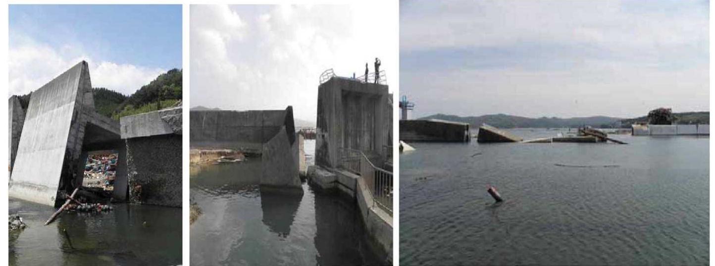 Fig. 7. Photos of damaged cement harbor foundations at Kojirahama (Top left), Utuchi (middle), and Tanesashi (right), Japan following the March 11, 2010 Tohoku-Oki great earthquake (from Ewing, L.: from Lesley Ewing, Sr. Coastal Engineer California Coastal Commission, “Port & Harbor Damage from the March 11, 2011 Tohoku Oki Tsunami”, www.coastal.ca.gov/nps/ Tsunami_Lessons.pdf). 