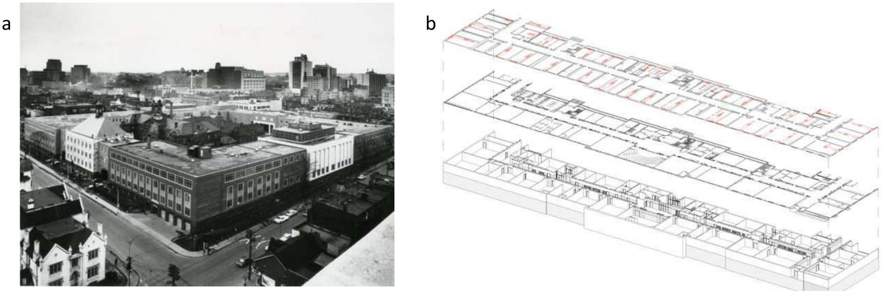 Kerr hall a) archival photograph [15], b) bim model