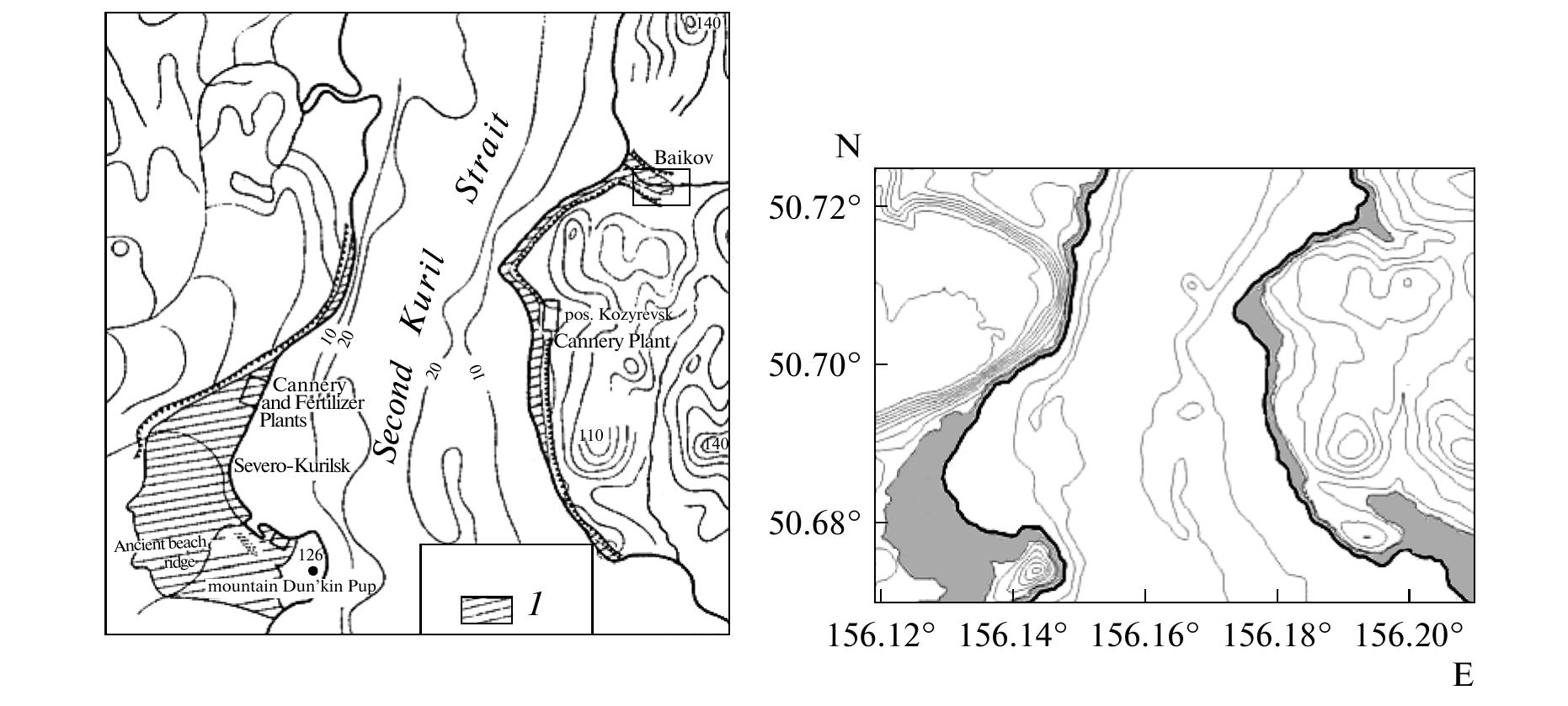 Fig. 4. Comparison of flooded areas (shaded areas) in the second Kuril Strait in the vicinity of Severo-Kurilsk: field datz
on the tsunami of November 5, 1952 [21] (left) and numerical results (right).
