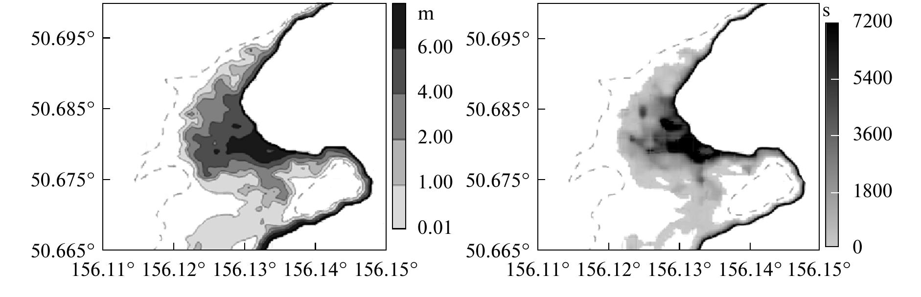Fig. 5. Distribution of maximum depths (left) and duration of flooding more than 0.1 m deep (right) in the vicinity of
Severo-Kurilsk obtained by the computational experiments. The dashed line shows the isoline of the land relief of 20 m.
