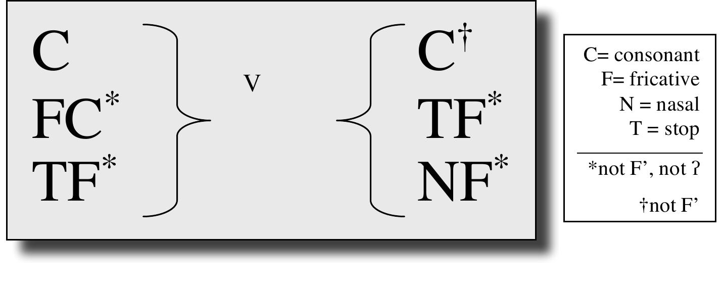 sist of a single consonant, a fricative + consonant cluster, or a stop + fricative cluster. Codas can be empty (not shown) or can consist of a single syllable, a stop + fricative cluster, or a nasal + fricative cluster. The major difference between this template and syllable structure in Papantle (Levy 1987) and Coatepec (McQuown 1990) is that both of these other languages allow NkF anc NgqF clusters in coda position, whereas UNT has only NF clusters.'® This difference seems tc stem from the fact that historical Nq clusters in UNT have become simply /n/ unless the original glottal stop is preserved by a syllable boundary (i.e., by appearing in the onset of the following syllable), reducing *NgF sequences simply to 9F. In *NkF clusters, the nasal would have assimi- lated to the following velar place of articulation, and modern UNT seems, not unreasonably, tc have neutralized the distinction between syllables with nF and ykF in coda position. 